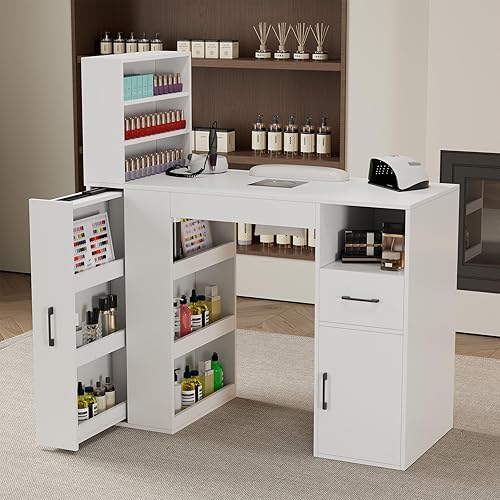 Professional Nail Desk for Nail Tech with Storage Cabinet and Fan – Modern Nail Table for Salon, Nail Tech Table with Drawer, Armrest & Dust Collector,Manicure Table Nail Desk