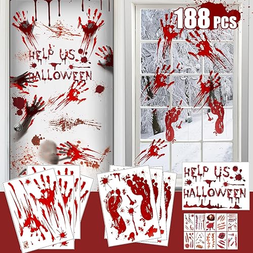 Decoraciones de Halloween, 188 calcomanías de Halloween para ventana, 9 hojas de huellas de manos sangrientas, calcomanías de pared de Halloween con
