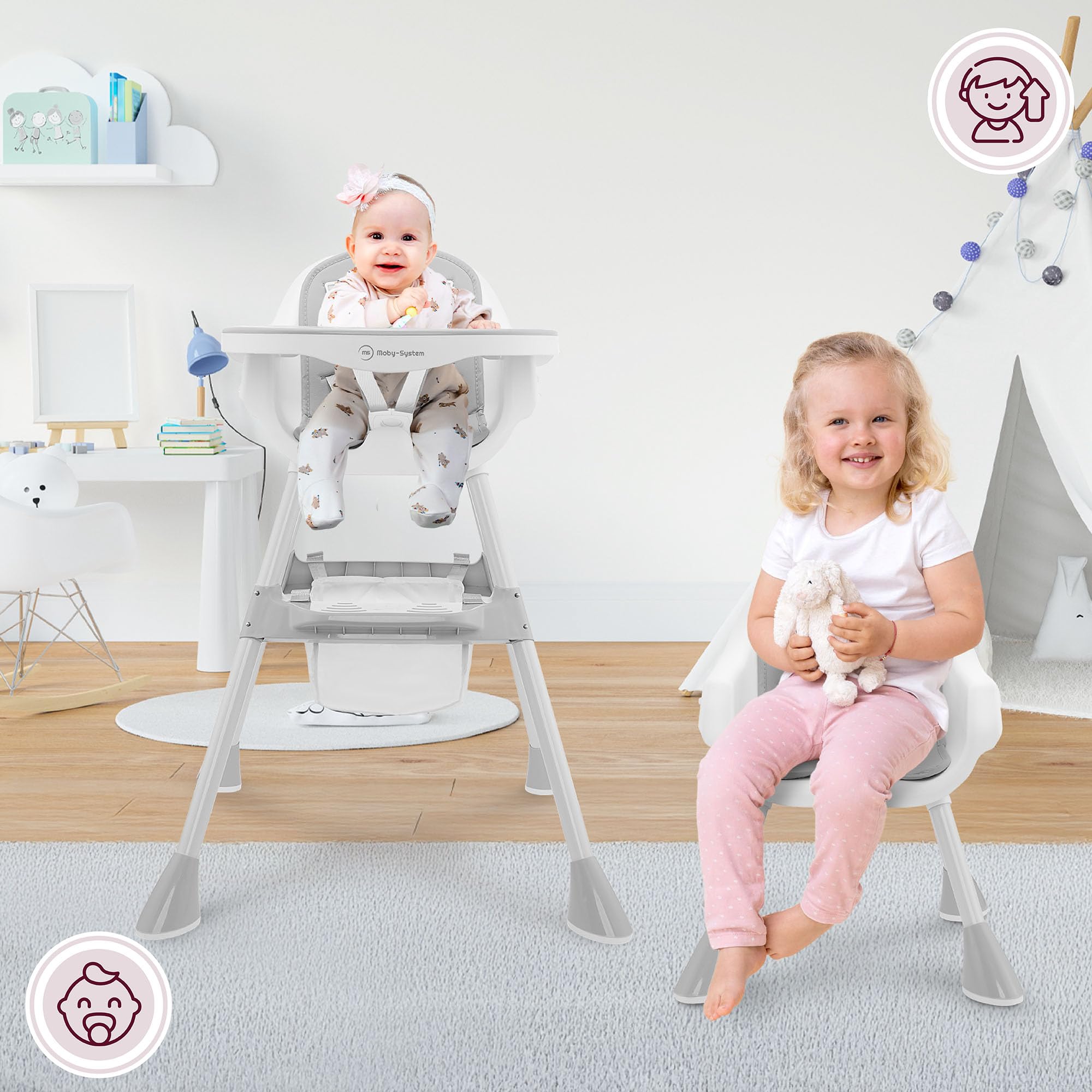 Moby-System Chaise Haute Réglable Magnolia 2en1 Grise Similicuir Dès 6 Mois