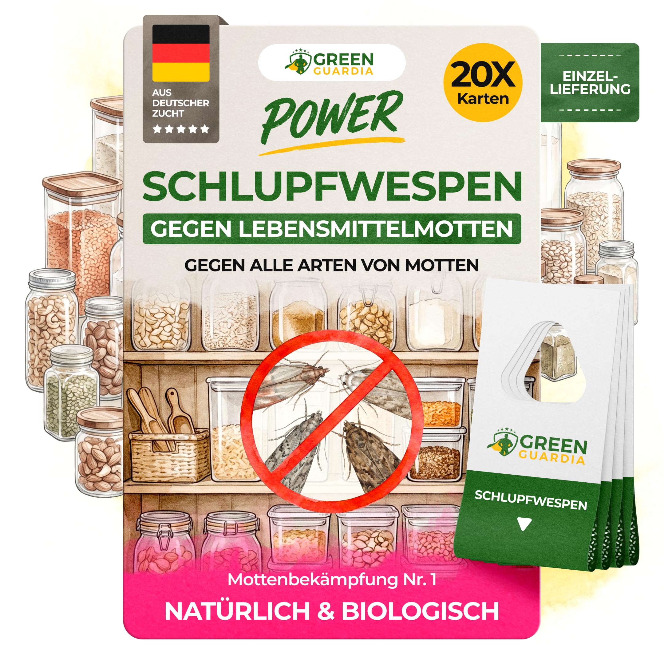 GREEN GUARDIA Schlupfwespen gegen Lebensmittelmotten - 20 Karten à 1 Lieferung - Effektiv & unweltfreundlich Lebensmittel Motten bekämpfen - Alternative zur Mottenfalle, Mottenspray, Pheromonfalle