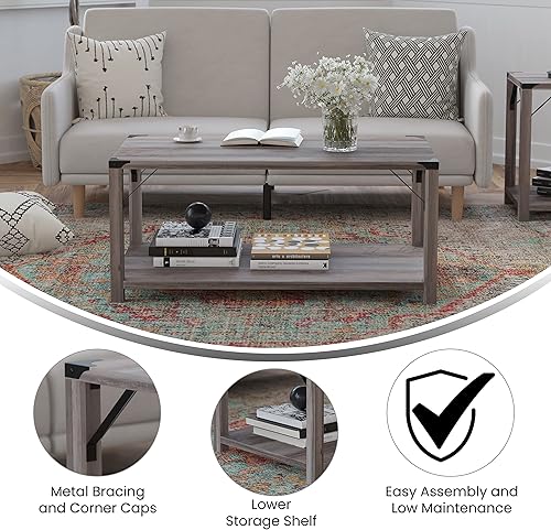 Miniatura 5 de BizChair Modern Farmhouse - Mesa auxiliar de 2 niveles, marco de madera de ingeniería gris lavado, soportes laterales entrecruzados de metal negro y