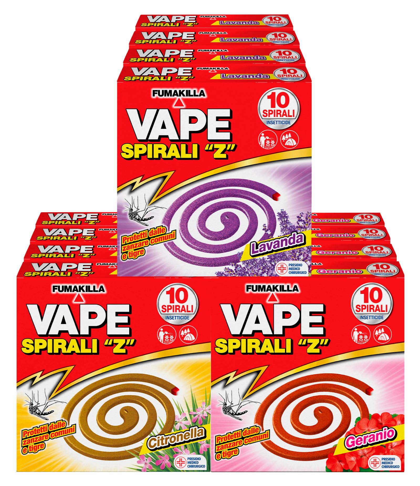 12x Vape Spirali Z Profumate Lavanda Geranio e Citronella Repellente Insetticida Antizanzara contro Zanzare Comuni e Tigre Presidio Medico Chirurgico - 120 Spirali Profumazioni Assortite