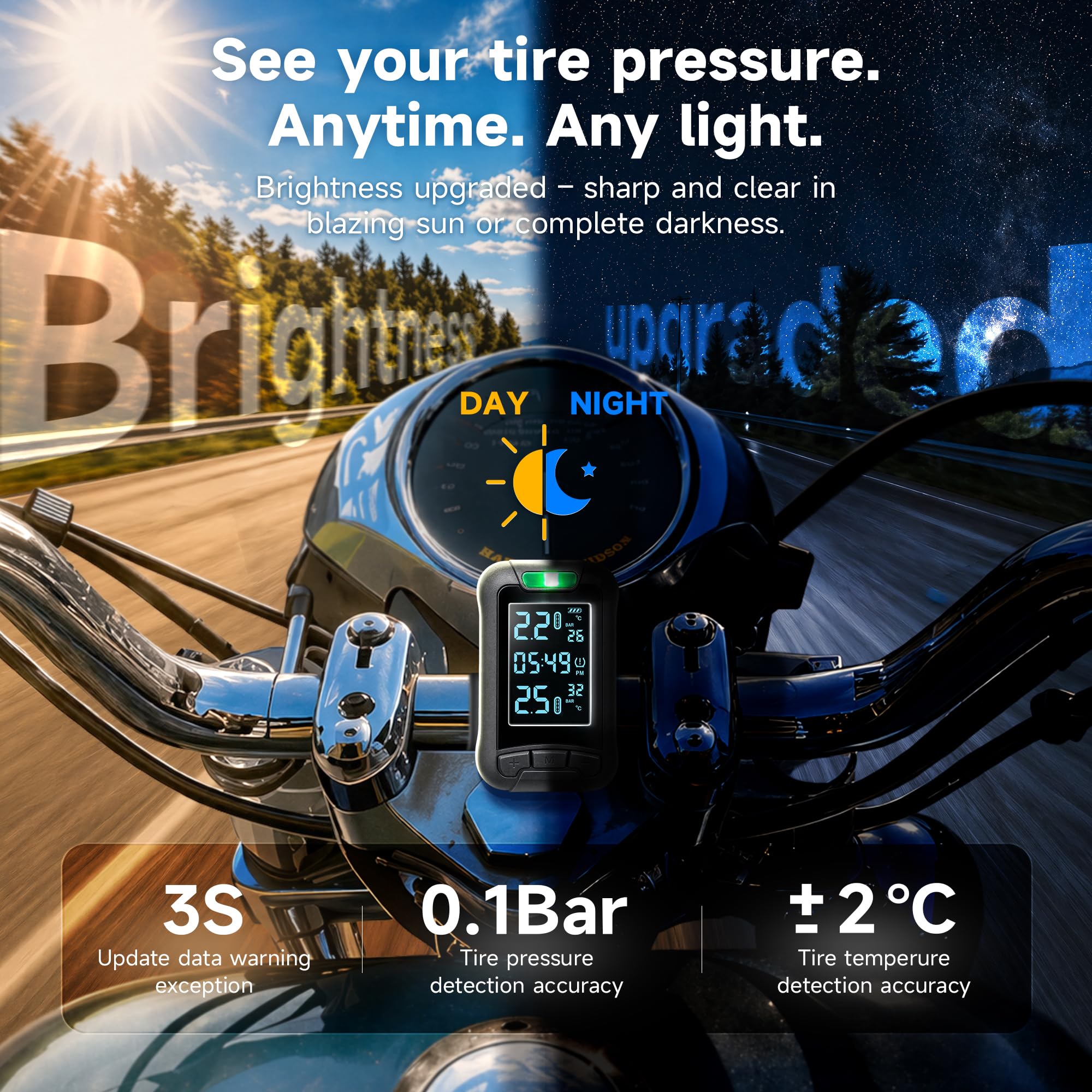 MOMAN Solar TPMS Motorrad Reifendruckkontrollsystem 2 Sensoren Bildschirm | IP67 wasserdicht & staubdicht, LCD-Display, kabellose Sensoren, Druck & Temperaturalarm, kompatibel mit iOS/Android