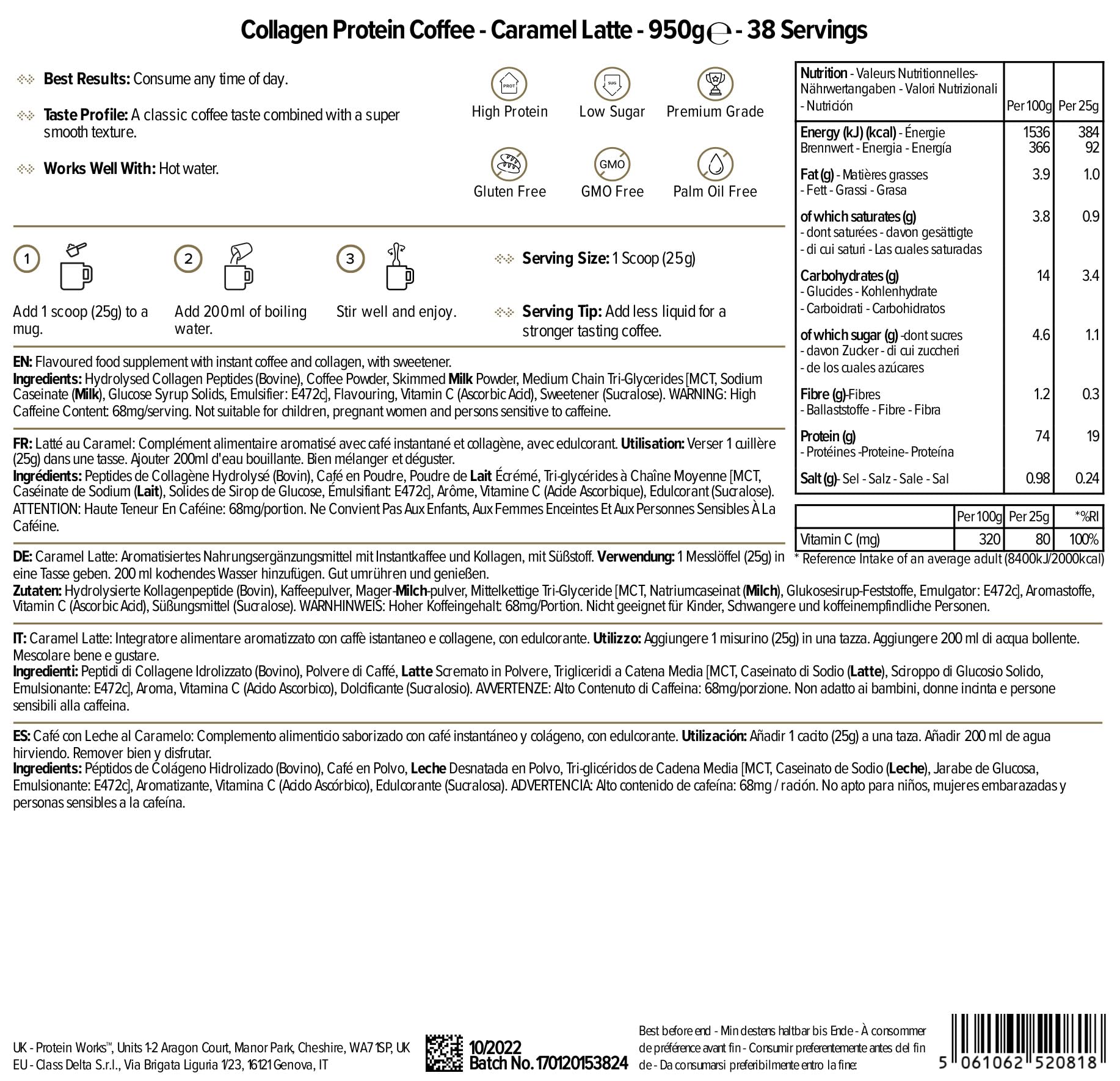 Protein Works - Café protéiné au collagène, poudre de collagène bovin, collagène hydrolysé de qualité supérieure, caramel latte, 950 g, 38 portions