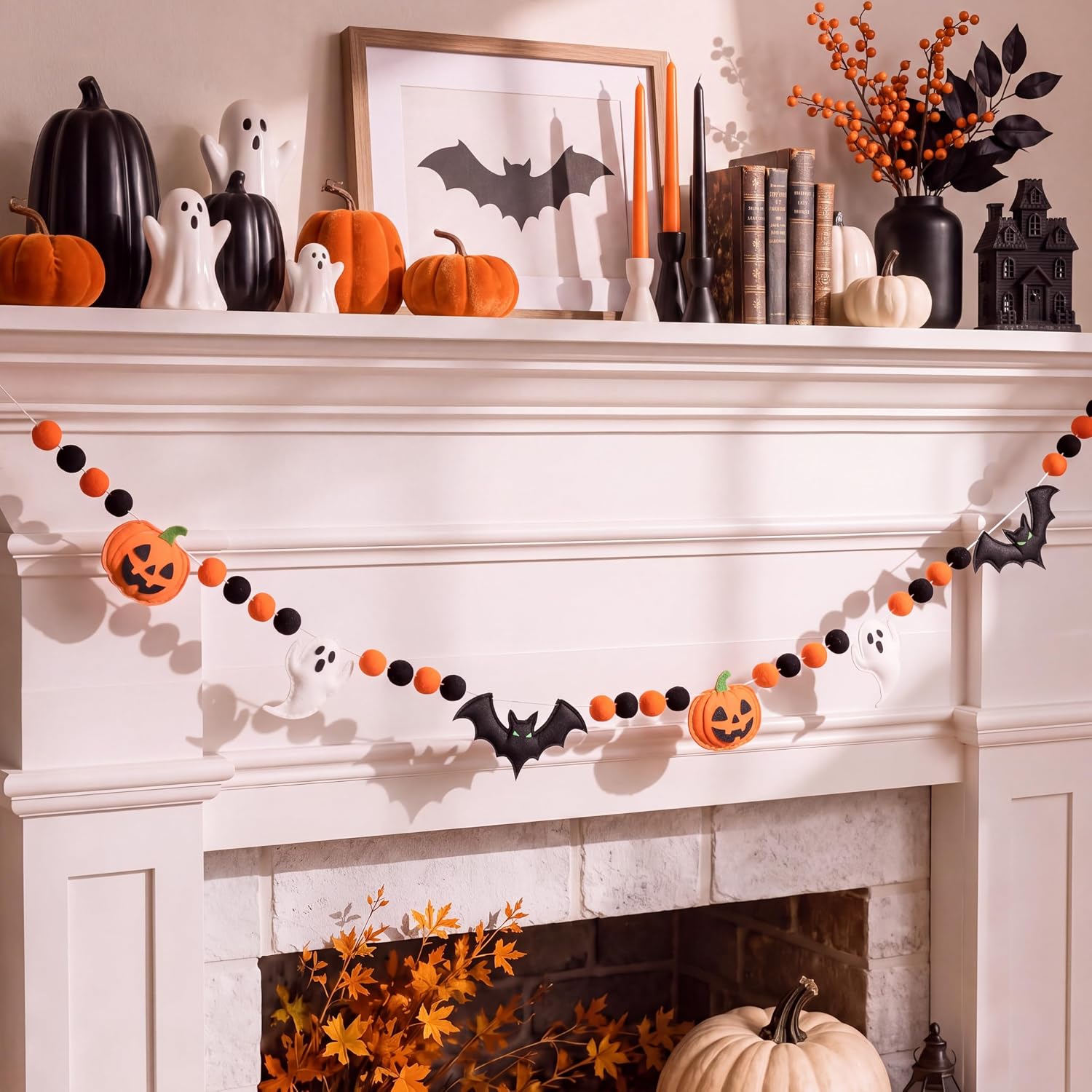 VitalCozy Halloween Felt Banner Pom Pom Garland, Orange, Pumpkin