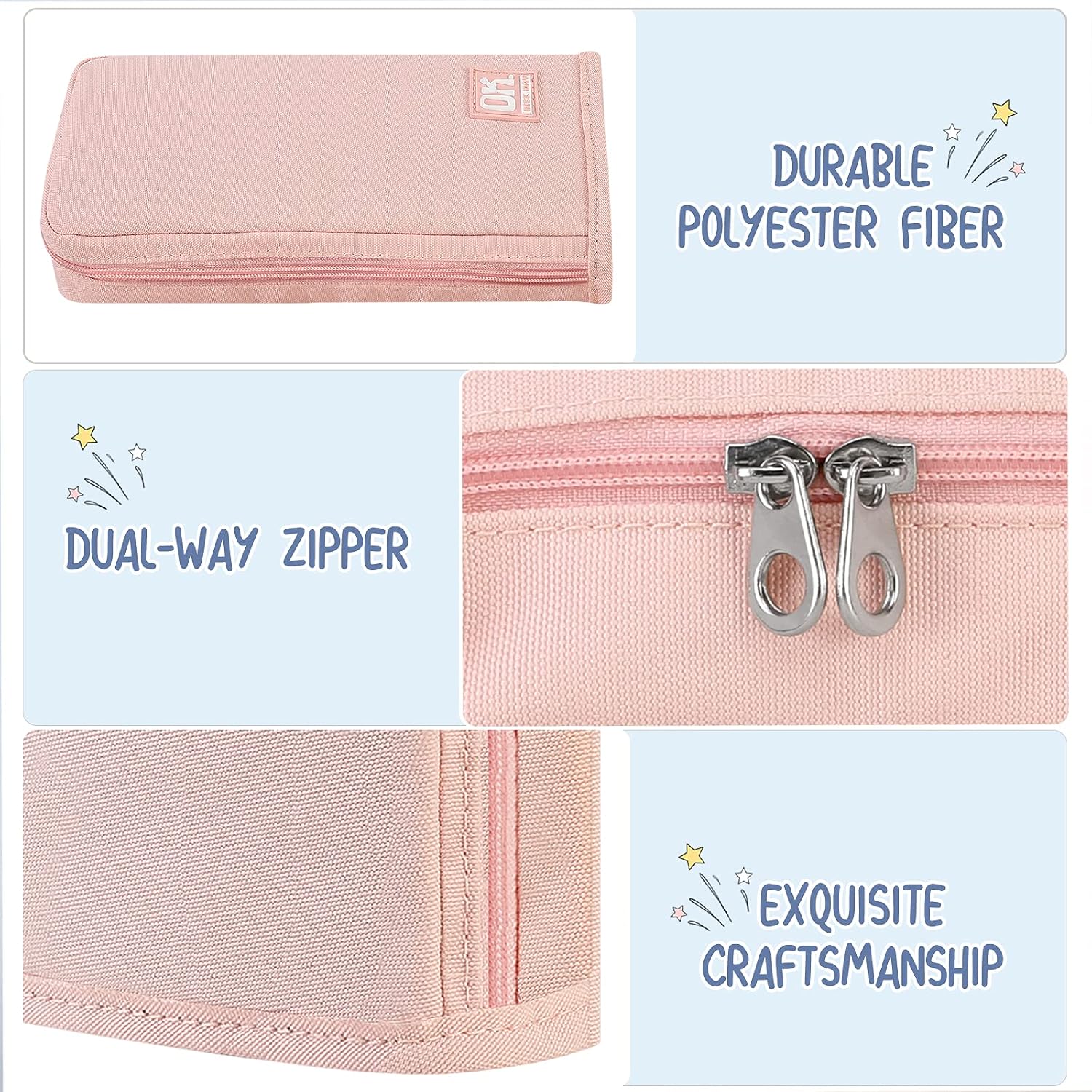 Housolution Standing Pencil Case Large Capacity Pen Bag, Multi-Layer Pen Pouch Pencil Holder Stationery Organizer, Polyester Pencil Bag Storage Box Desk Organizer, Pink
