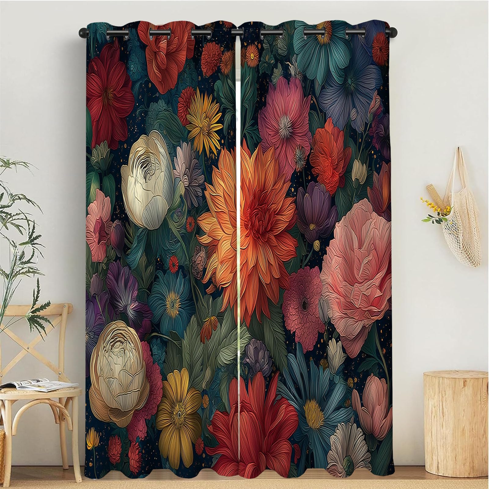 Rideau pour salon design floral nature colorée 140x200