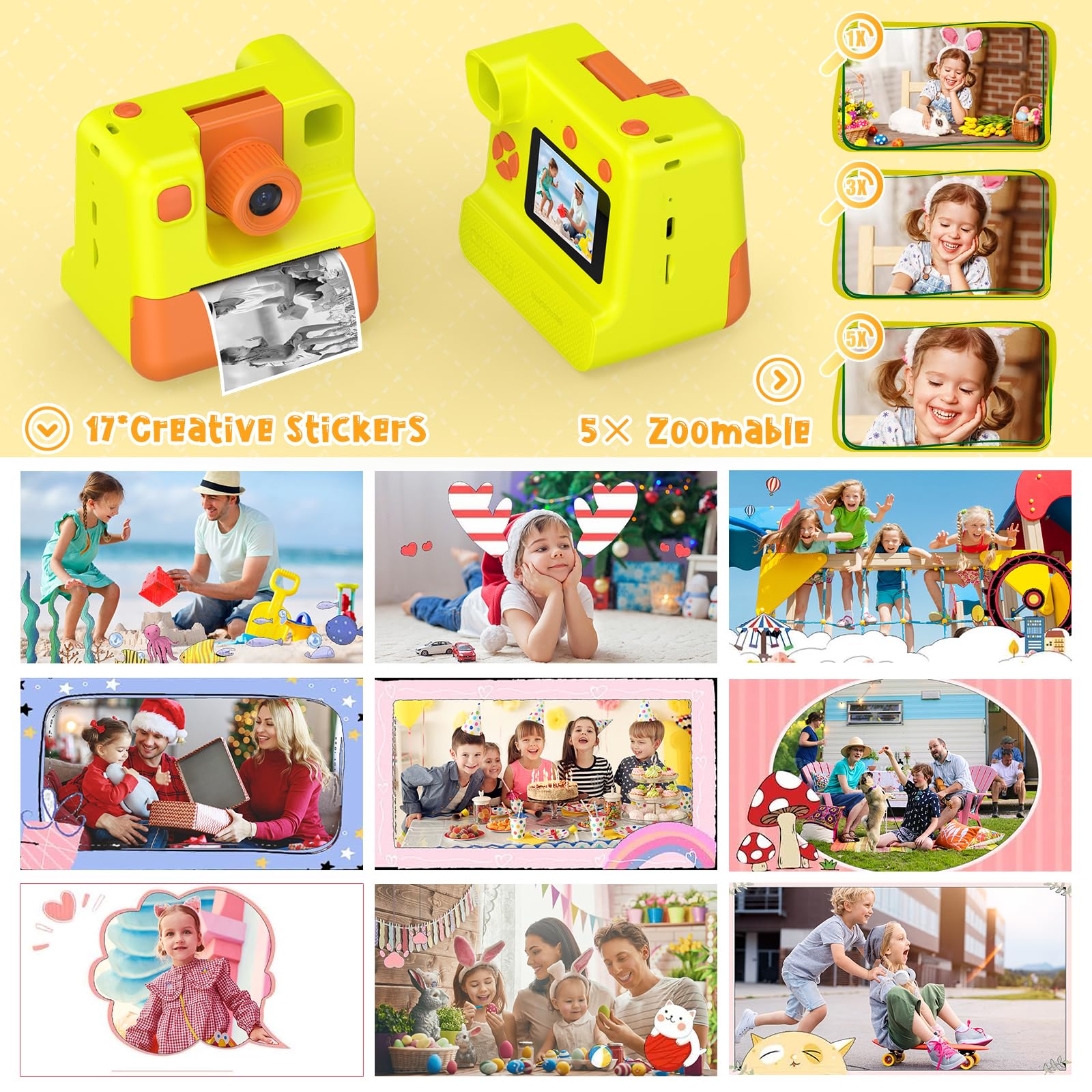 Macchina Fotografica Bambini Istantanea, 1080P Digitale Fotocamera Istantanea Bambini, Regalo per Bambini dai 3-12 Anni, 32GB Scheda SD, 5 Penne Colorate (giallo)