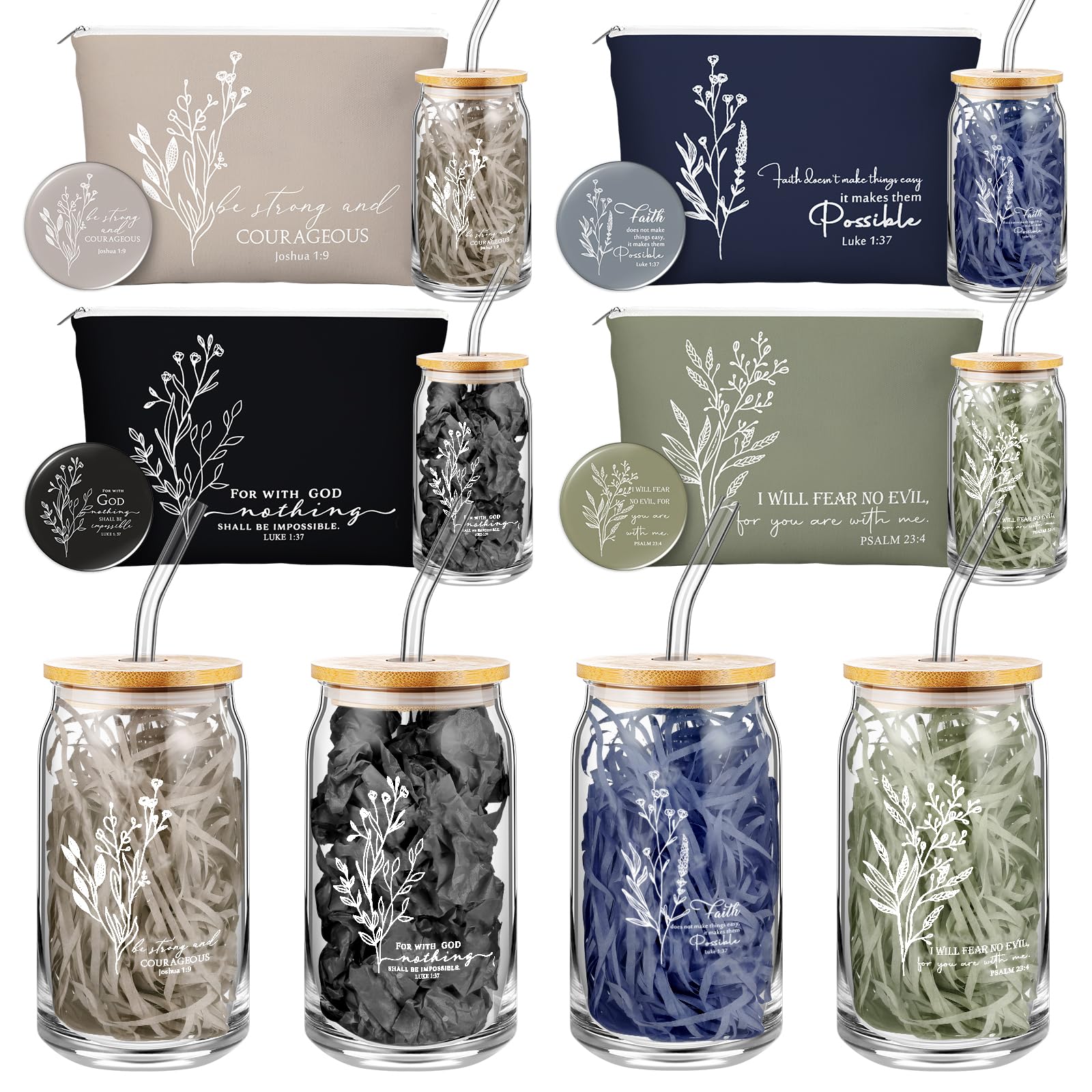 Fumete Christian Gift for Women Christmas Sunday School Teacher Flower Makeup Bag Bible Verse Coffee Cup with Bamboo Lid Straw Pastor Wife Mini