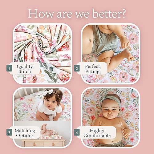 Miniatura 2 de Sábanas para cuna para bebé niña  Ropa de cama floral ultrasuave para colchón de cuna y camas pequeñas - Sábana bajera ajustable de algodón mezclado