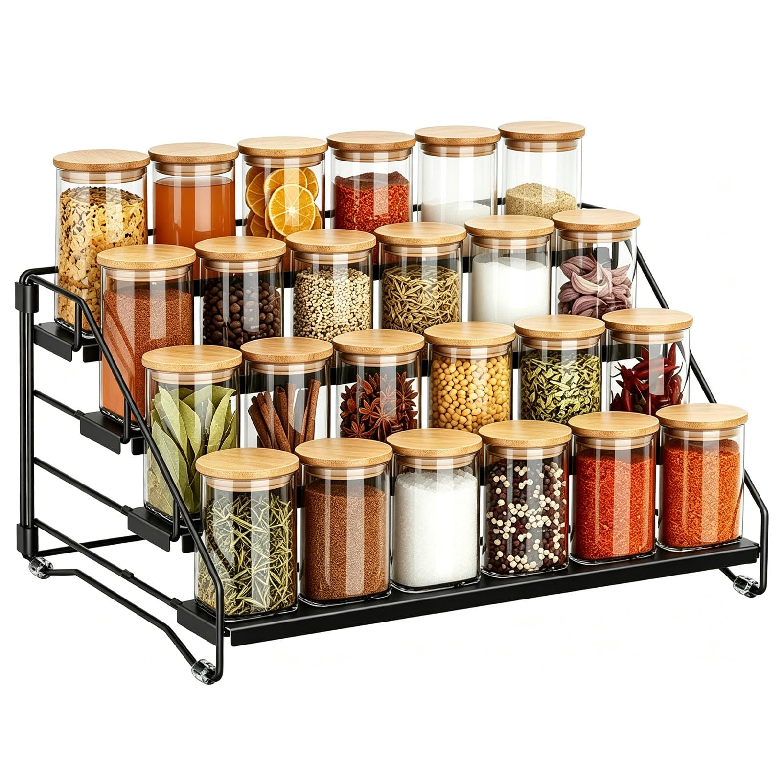 Foldable Spice Rack - For Inside Cupboard No Assembly Required 4 Tier Carbon Steel Seasoning Organizer Adjustable (2/3/4 levels) Stepped Shelf Stepped Condiment Display Kitchen Storage 33.5x25.7x21cm