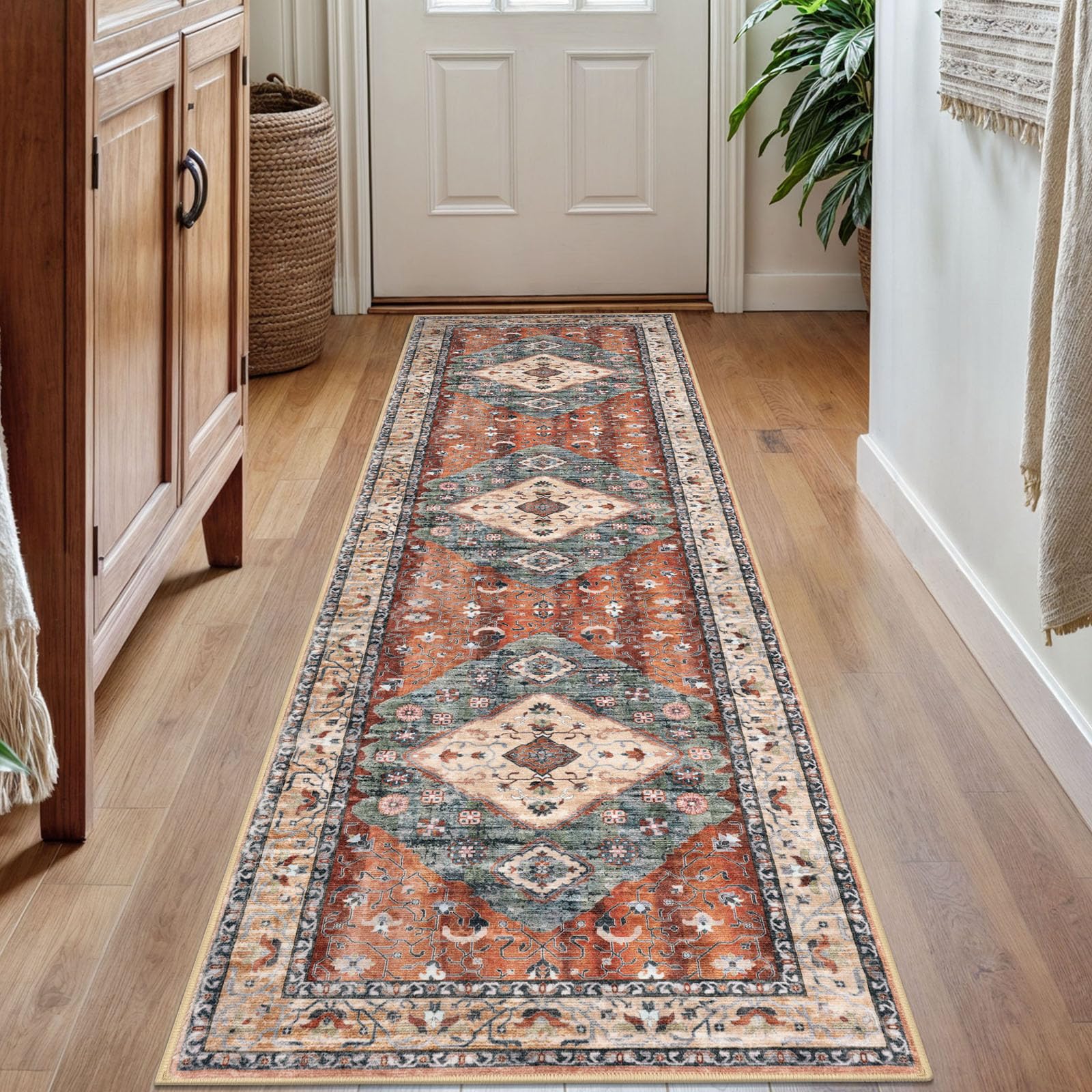 KOZYFLY Runners for Hallways 2x7 Ft Washable Kitchen Runner Rug Boho Runner Rug for Entryway Indoor Rust/Orange/Blue Printed Oriental Faux Wool Floor Carpet Runner for Bedroom Kitchen Hall — image 1