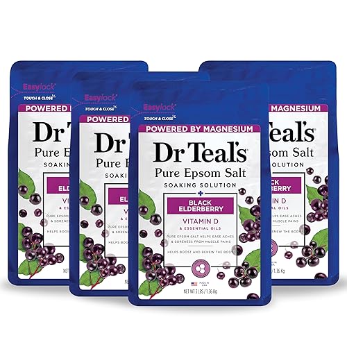 Dr Teal's Sal de Epsom pura, saúco negro con vitamina D, 3 libras (paquete de 4) (el embalaje puede variar)