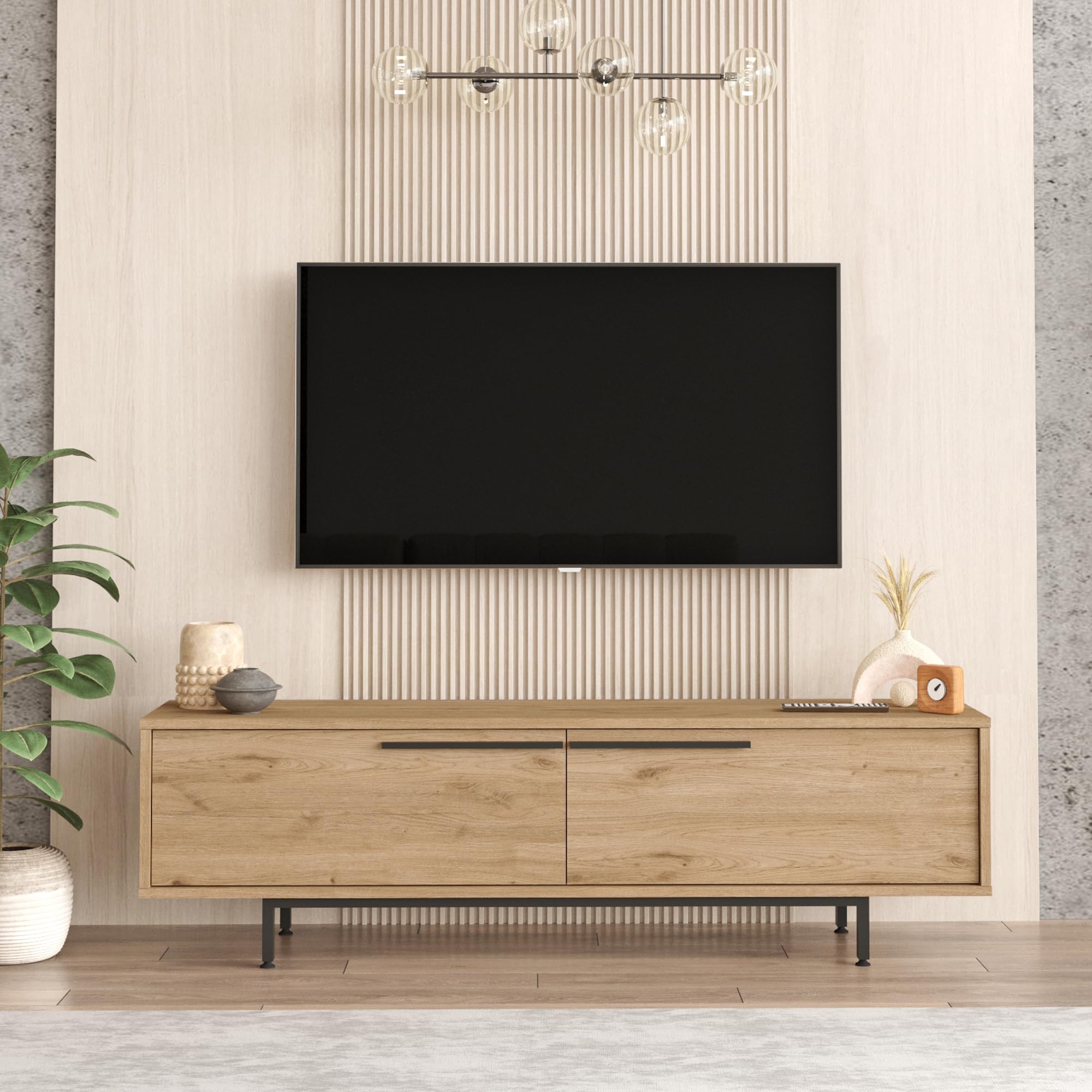 [en.casa] TV Schrank Urejovle Lowboard mit 2 Türen TV Board Eichenoptik Fernsehtisch TV Kommode Fernsehschrank 160 x 36 x 45 cm Metallgestell