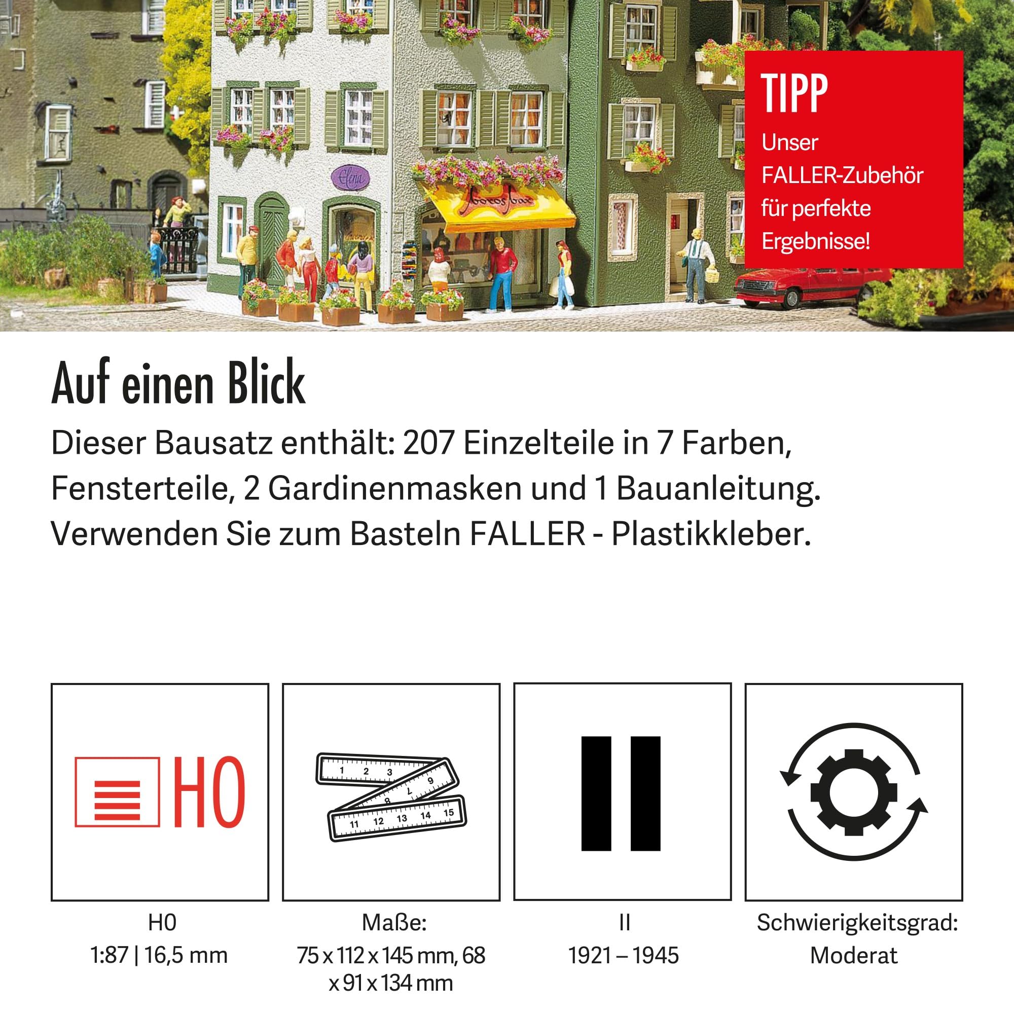 FALLER 2 Stadthäuser Modellbausatz mit 207 Einzelteilen 75 x 112 x 145mm, 68 x 91 x 134mm I Modelleisenbahn Zubehör H0 I Modelleisenbahn H0 Wohnhäuser, Divers