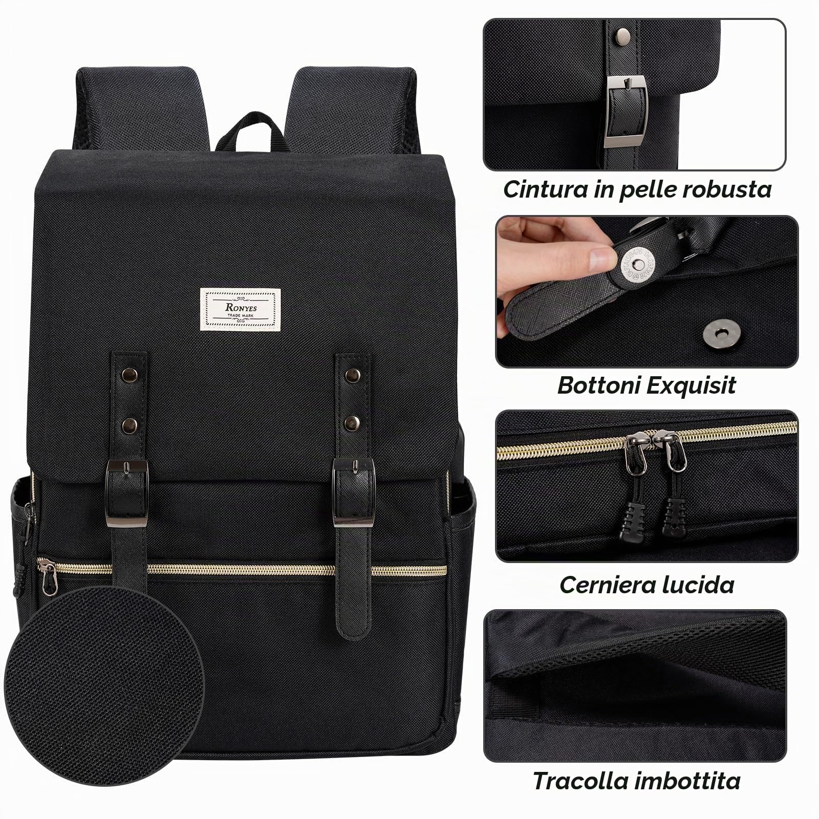 Ronyes Zaino universitario unisex per computer portatile fino a 15,6 pollici, zaino casual impermeabile per la scuola