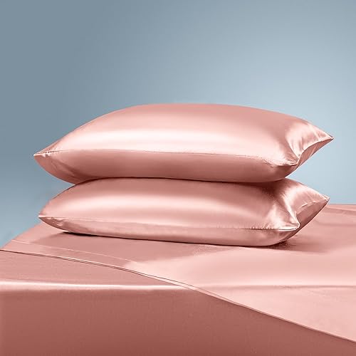 Miniatura 4 de Manyshofu Juego de sábanas de satén tamaño individual de 3 piezas, suave y sedoso, juego de sábanas de satén de color oro rosa (1 sábana bajera, 1