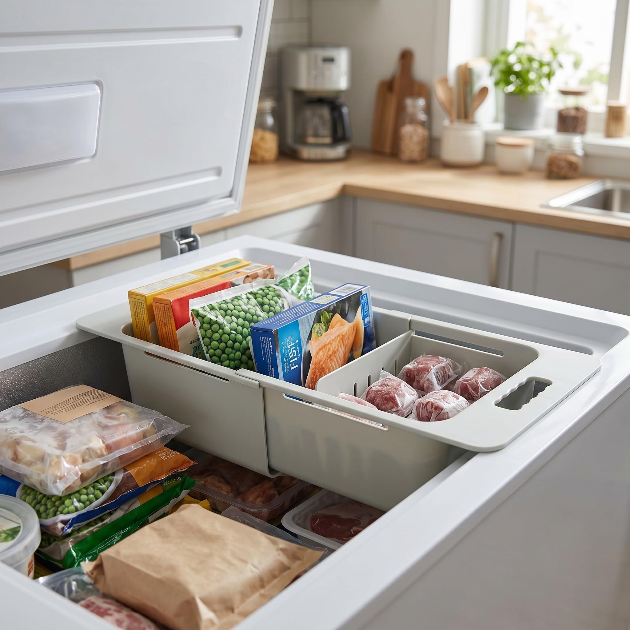 Gefriertruhenkorb, Verstellbarer großer Gefriertruhe Körbe, Gefrierschrank-Organizer-Korb Mit Erweiterbarer Griff Kapazität 15–25Kg Gefrierschrank Organizer Behälter (Grün)