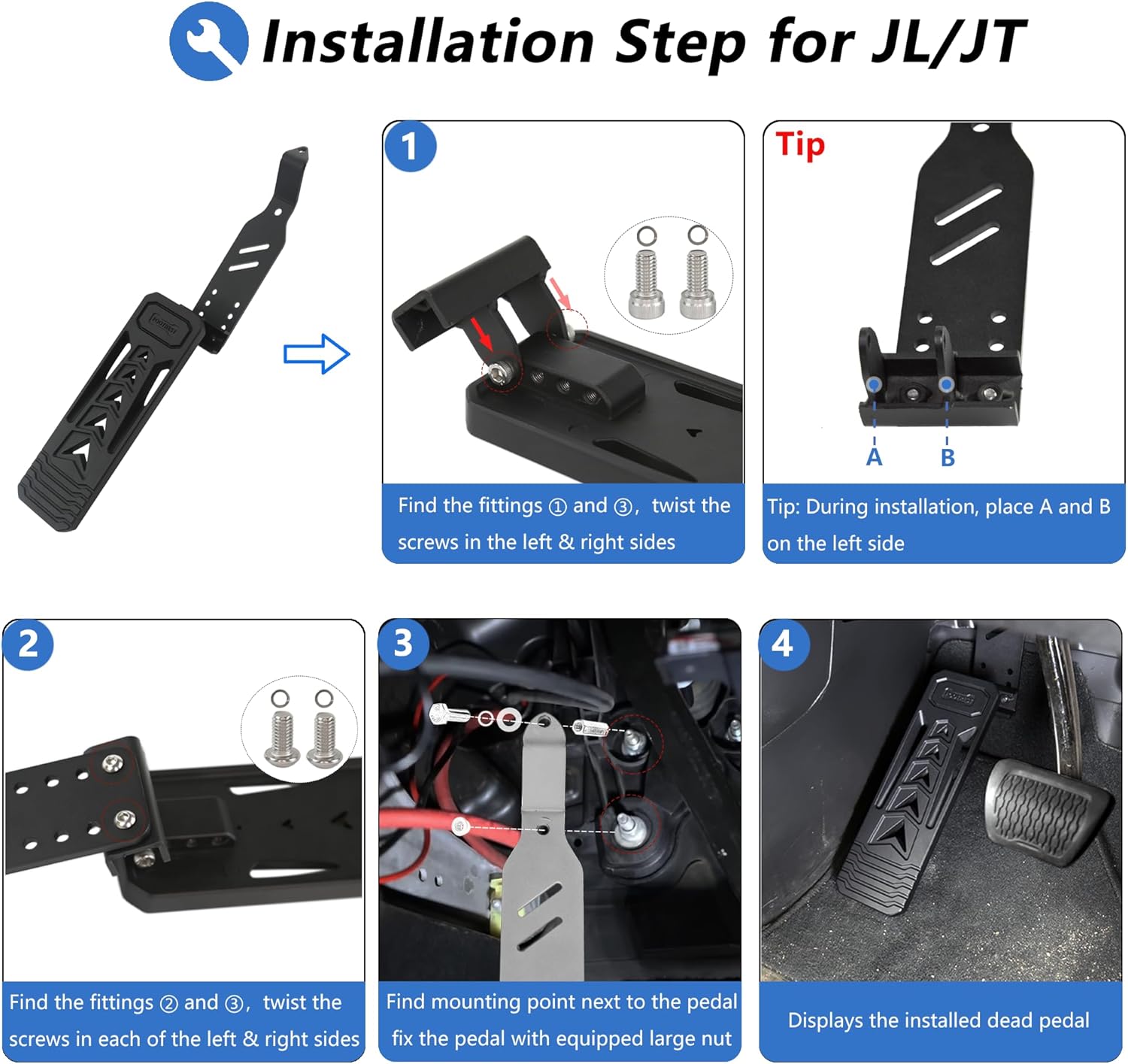 Dead Pedal Foot Rest Pad Compatible with Jeep Wrangler JK JL JLU Gladiator JT 2007-2025, Aluminum Alloy Thickened Foot Rest Pedal for Driver Left Side Kick Panel (for 2007-2025)