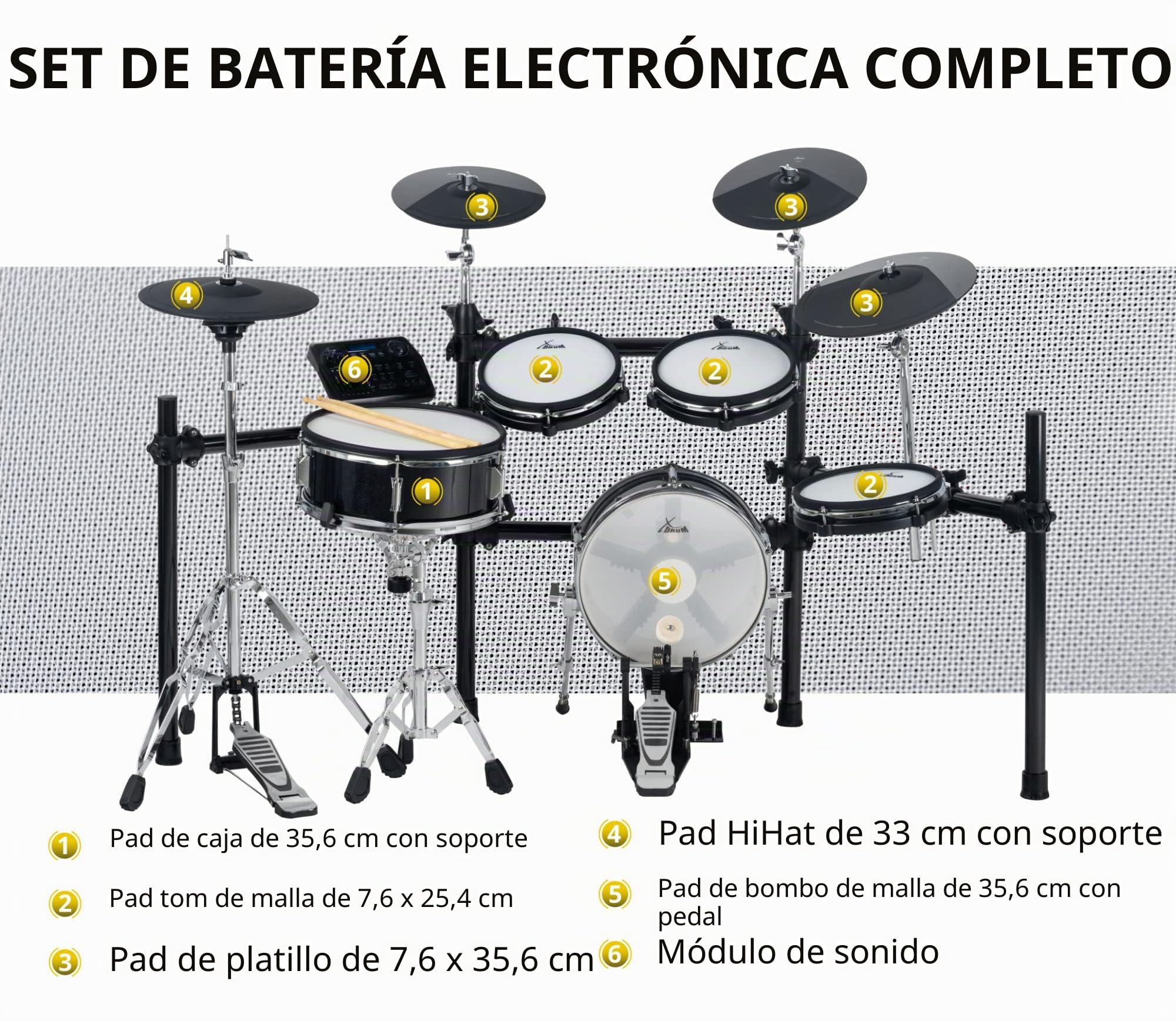 XDrum DD-650 Mesh E-Drum Kit, 1x pad de bombo de 14" con carcasa de madera | Batería electrónica con Mesh Heads de doble capa, 1x pad de caja dual-zone de 14" con carcasa de madera, Módulo, 720 sonidos