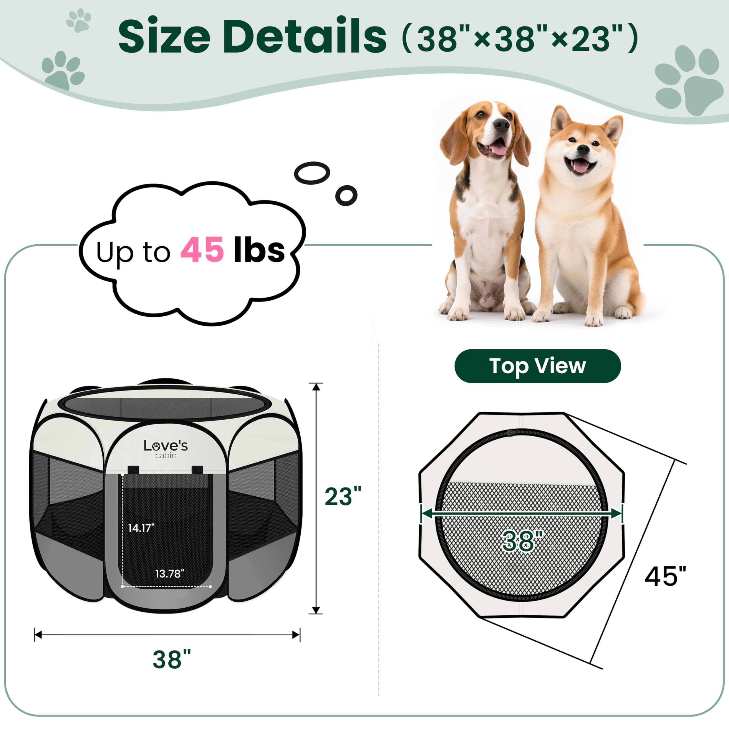 Love's cabin Parc de jeu pour chien et chat - Grande tente pour intérieur et extérieur - Parc portable pour chien et chat - Niche pliable avec étui de transport, fermeture éclair amovible sur le