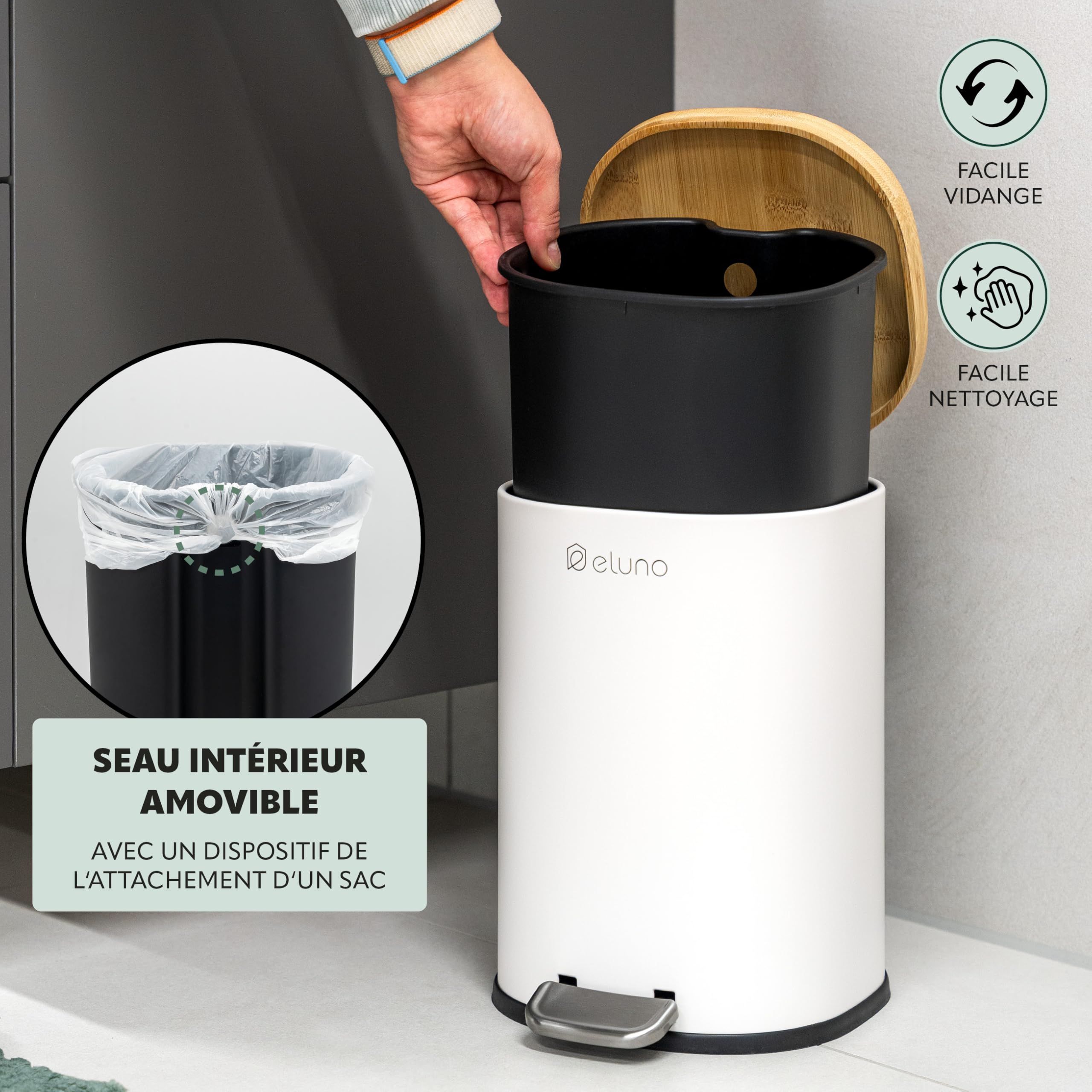 eluno Framura - Lot de 2 accessoires de salle de bain - 1 poubelle de salle de bain avec couvercle à fermeture douce et une capacité de 5 litres et 1 ensemble WC - En métal avec couvercle en bambou