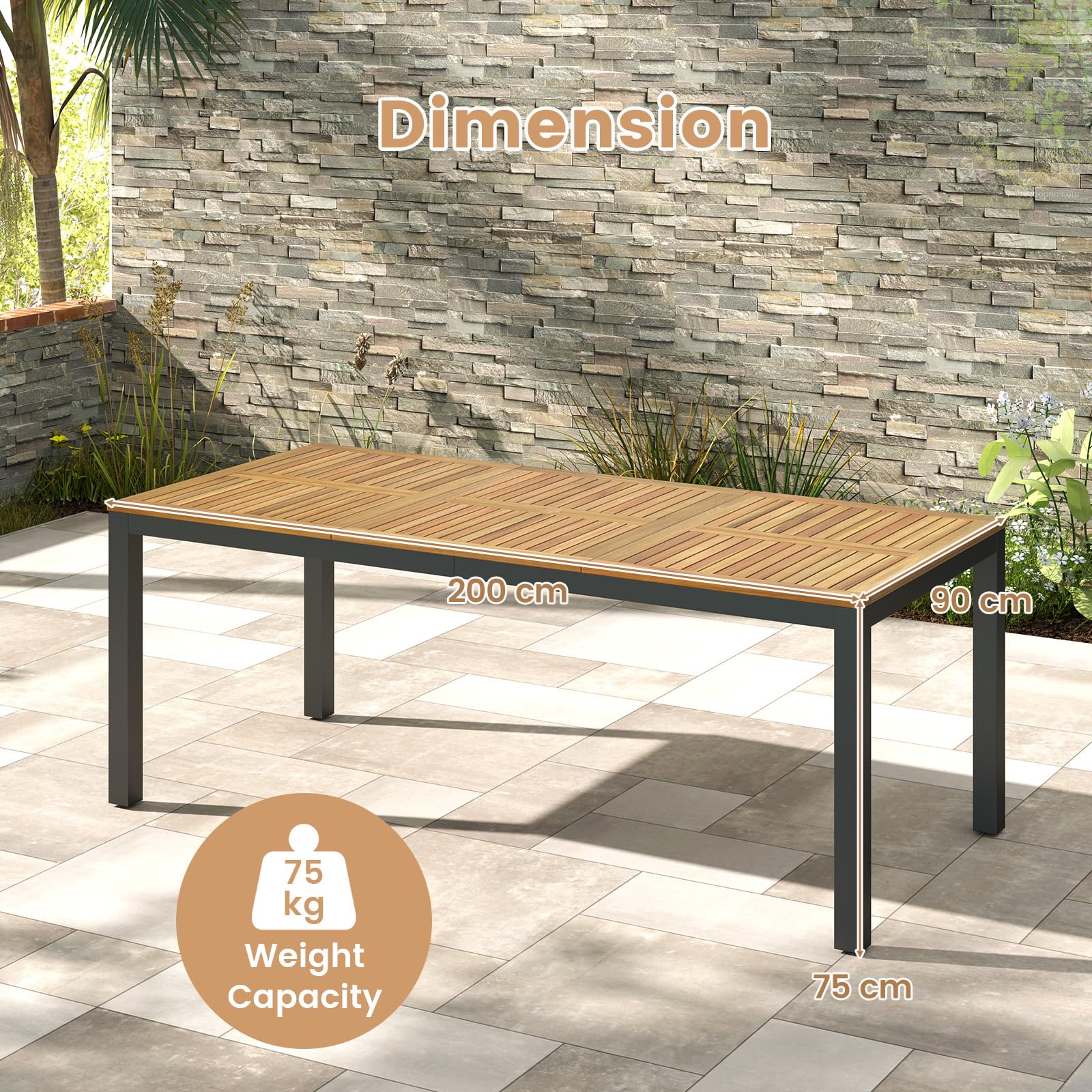 GIANTEX Tavolo da Giardino in Legno di Acacia per 8 Persone, Tavolo Rettangolare da Pranzo con Foro per Ombrellone, Struttura in Metallo, 200 x 90 x 75 cm, Naturale e Nero