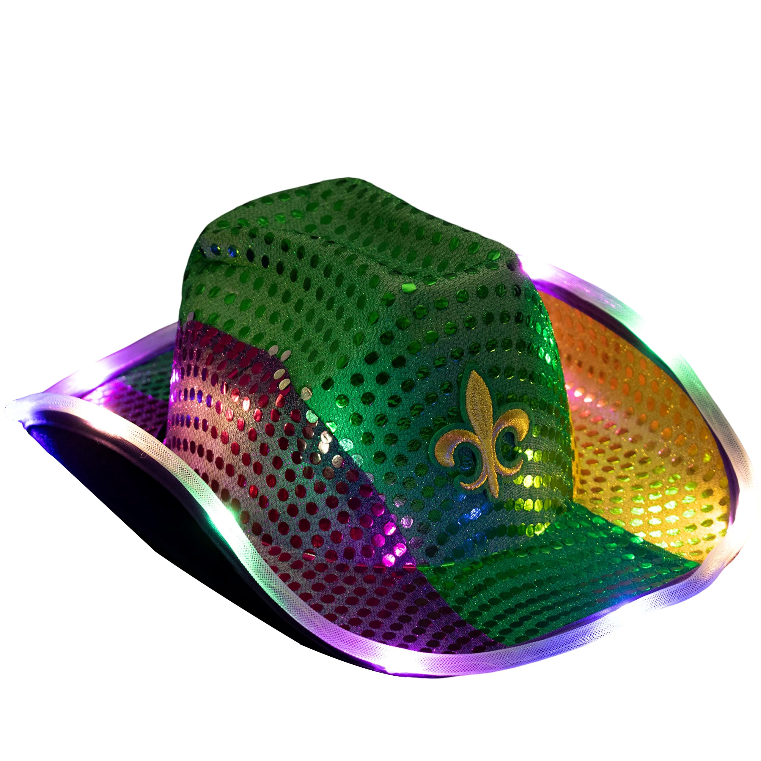 Adult LED Light-Up Sequin Cowboy Hat, Mardi Gras Costume Accessory, Shiny Purple, Green and Gold Colors