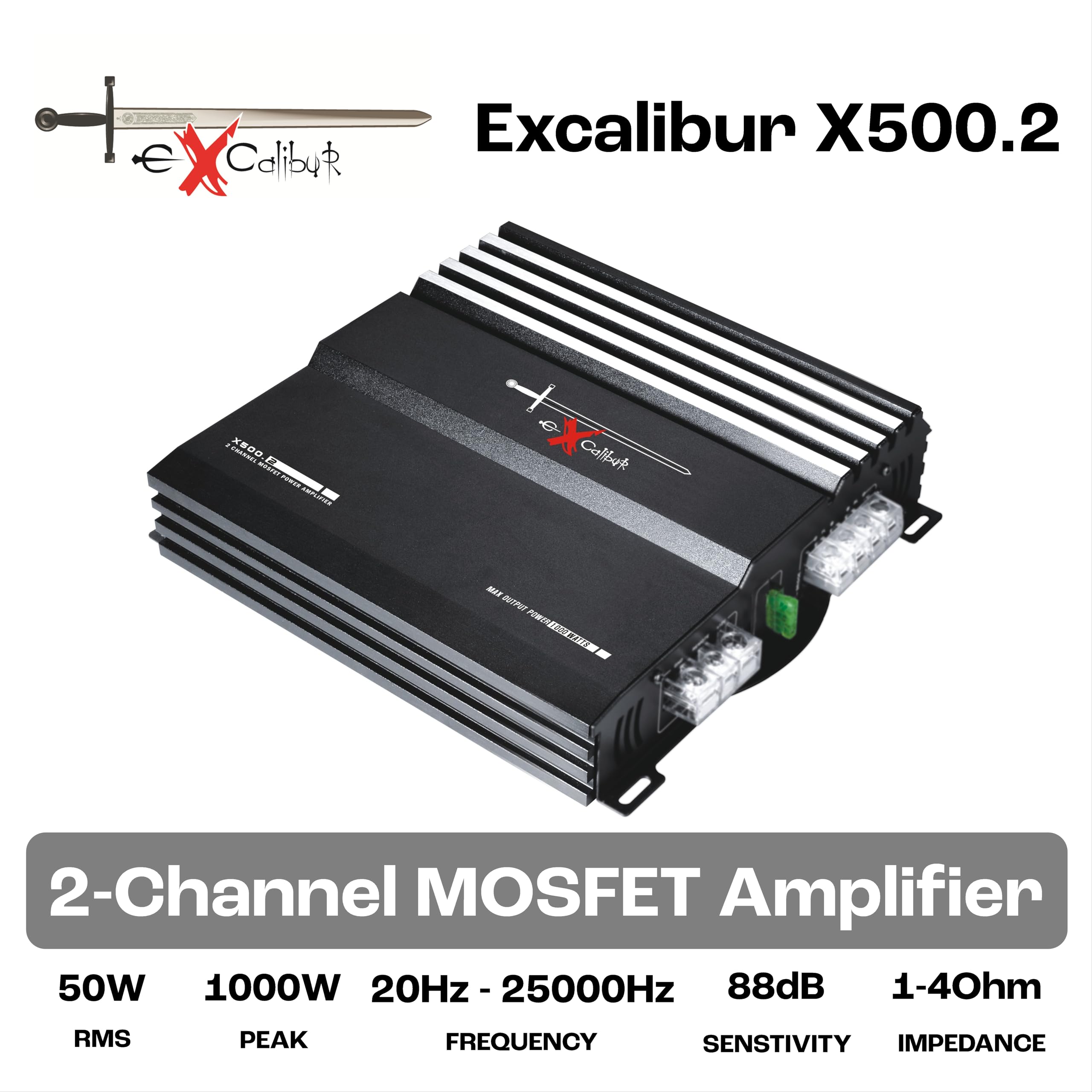 Excalibur X500.2 - Amplificatore Auto 2 Canali Hifi Stereo - 2x 500 Watt Mosfet Amplificatore audio con Bass Boost - 1000 Watt Massimo - Crossover variabile 2 Ohm