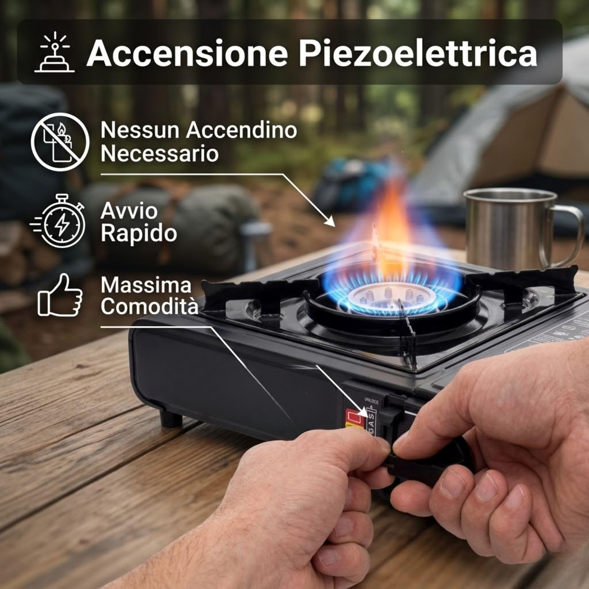 Fornello a Gas da Campeggio Portatile, Compatibile con Cartuccia Butano e Bombola GPL, Accensione Piezoelettrica, 2200W, Valigetta Inclusa, per Camper, Trekking, Picnic e Pesca