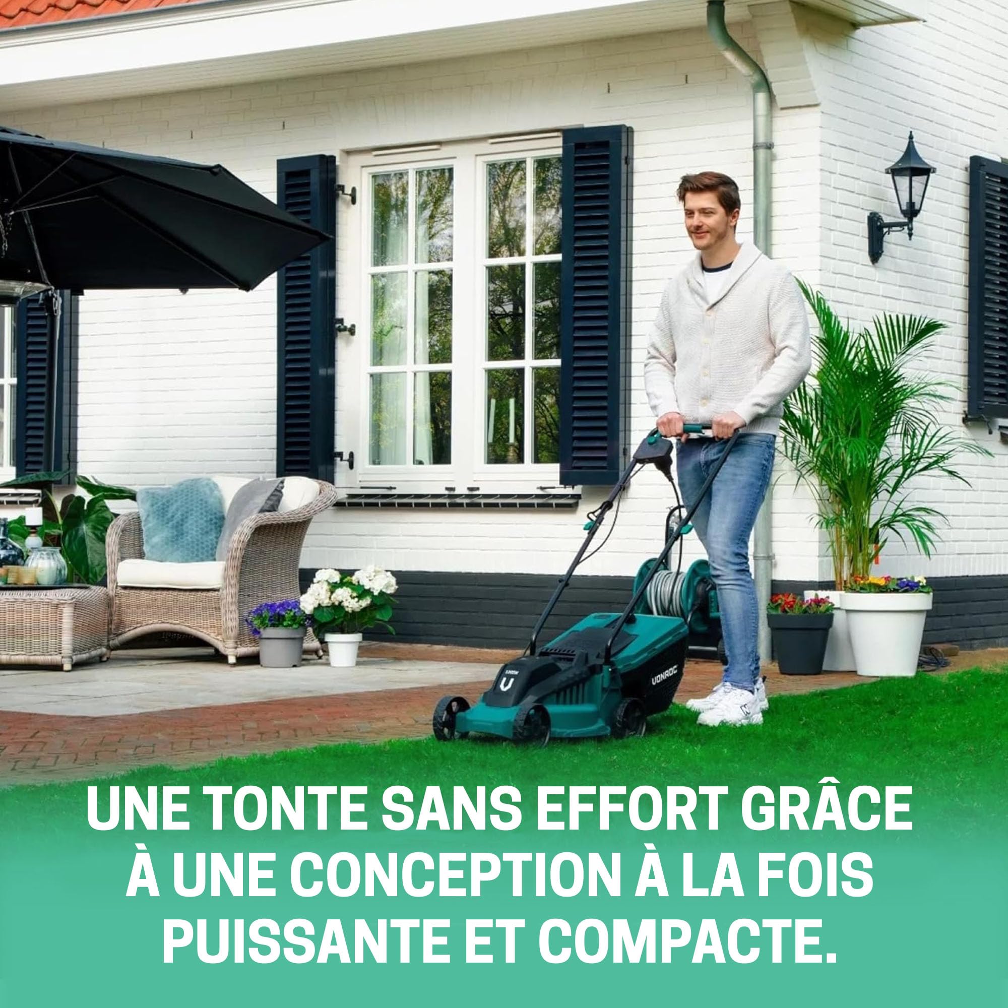 VONROC Tondeuse Gazon 1300W - Largeur de Coupe 32cm - Bac Ramassage Tondeuse 30L Inclus - Entretien du Jardin, de la Pelouse - Interrupteur de Sécurité, Facile à Transporter - Serre-Câble Fournis