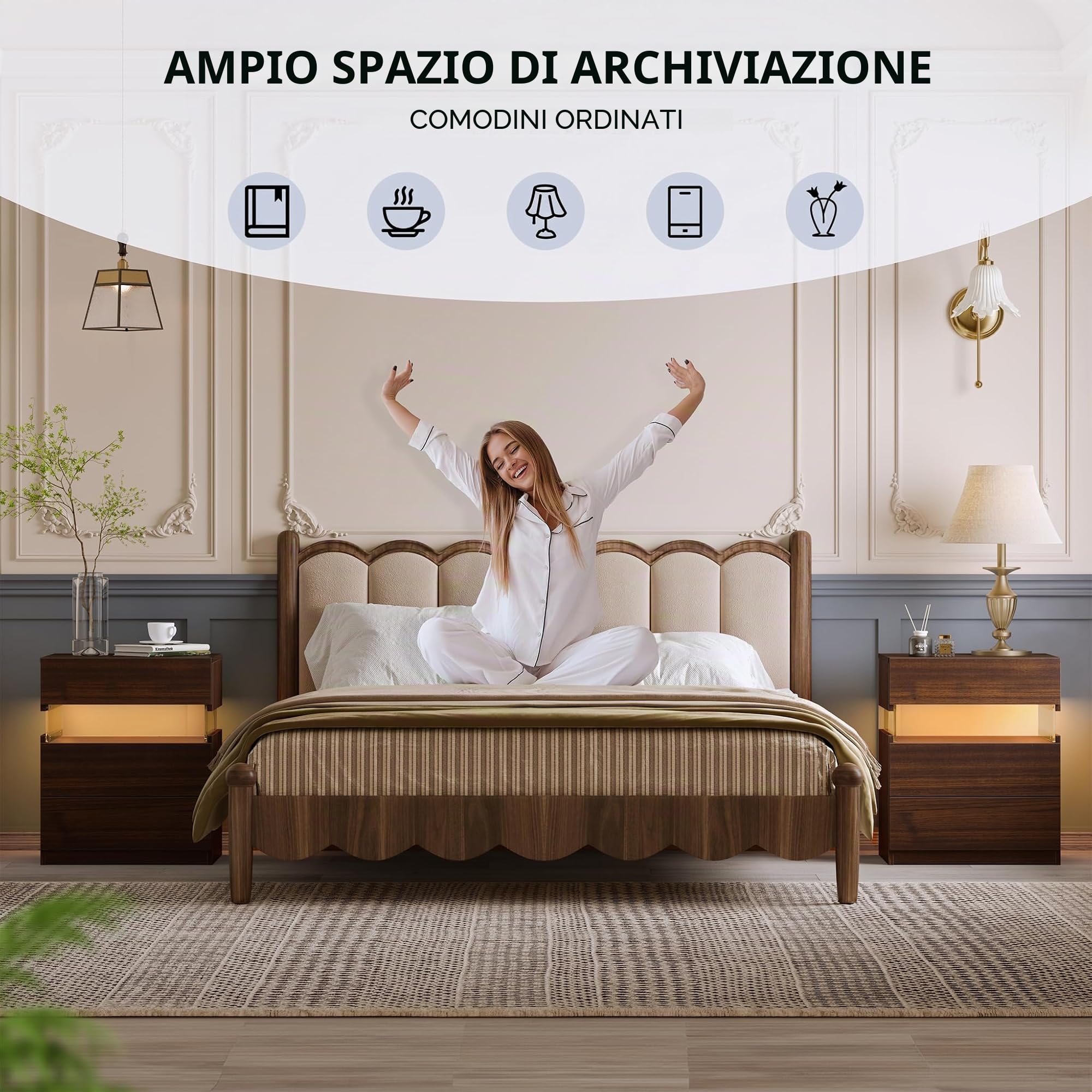 Cubehom Comodino a LED, con cassetti, per camera da letto, soggiorno, ufficio, colore: noce scuro, 2 pezzi