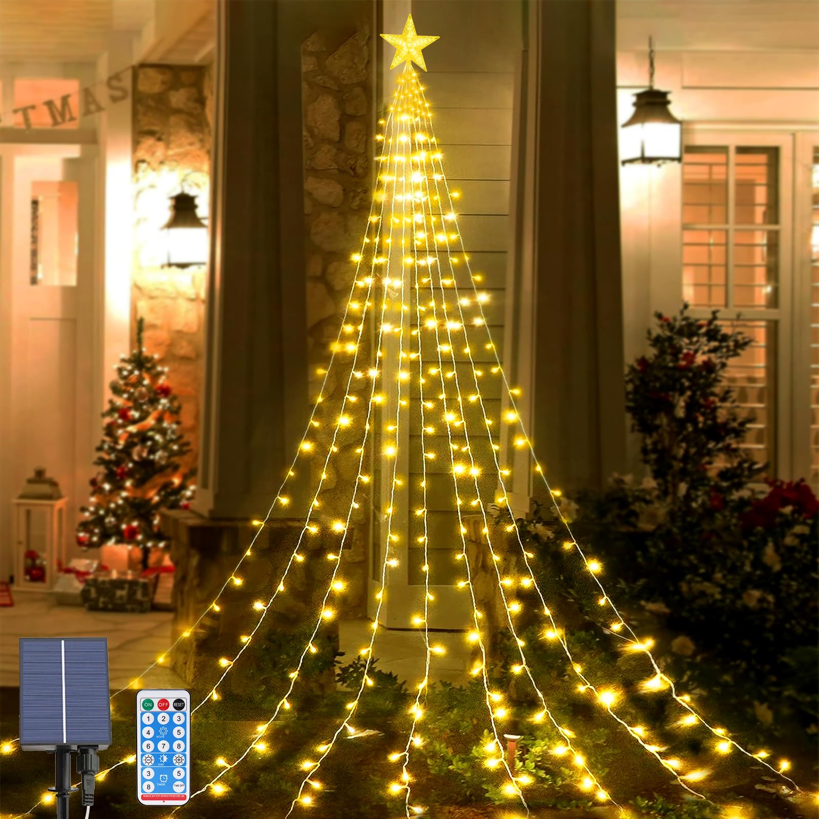 Solar Luces Arbol Navidad con Estrella, Luces de Cascada de Arbol Navidad 2M x 9 Hilos 198 LED Impermeables Luces Arbol Navidad 8 Modos con Control Remoto para Fiestas de Bodas Navideñas