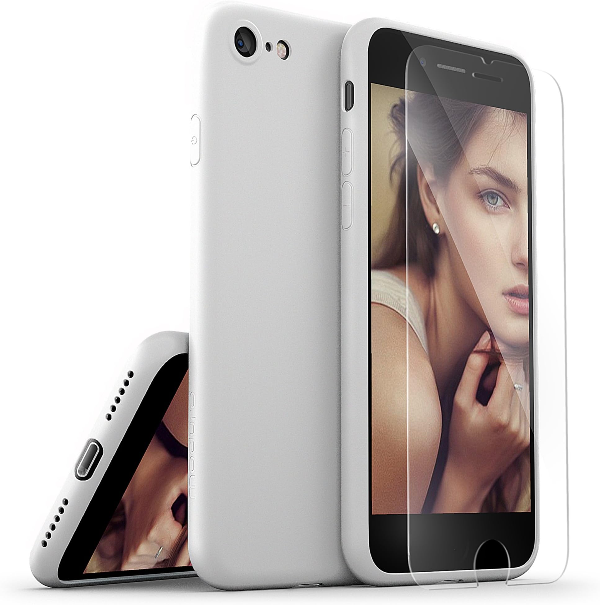 [2 in 1] iPhone 7 Case with Tempered Glass Screen Protector, Moduro [MINIMALIST SERIES] Full Coverage Ultra Thin [1.0mm] Slim Fit TPU Case for iPhone 7 (Matte White)