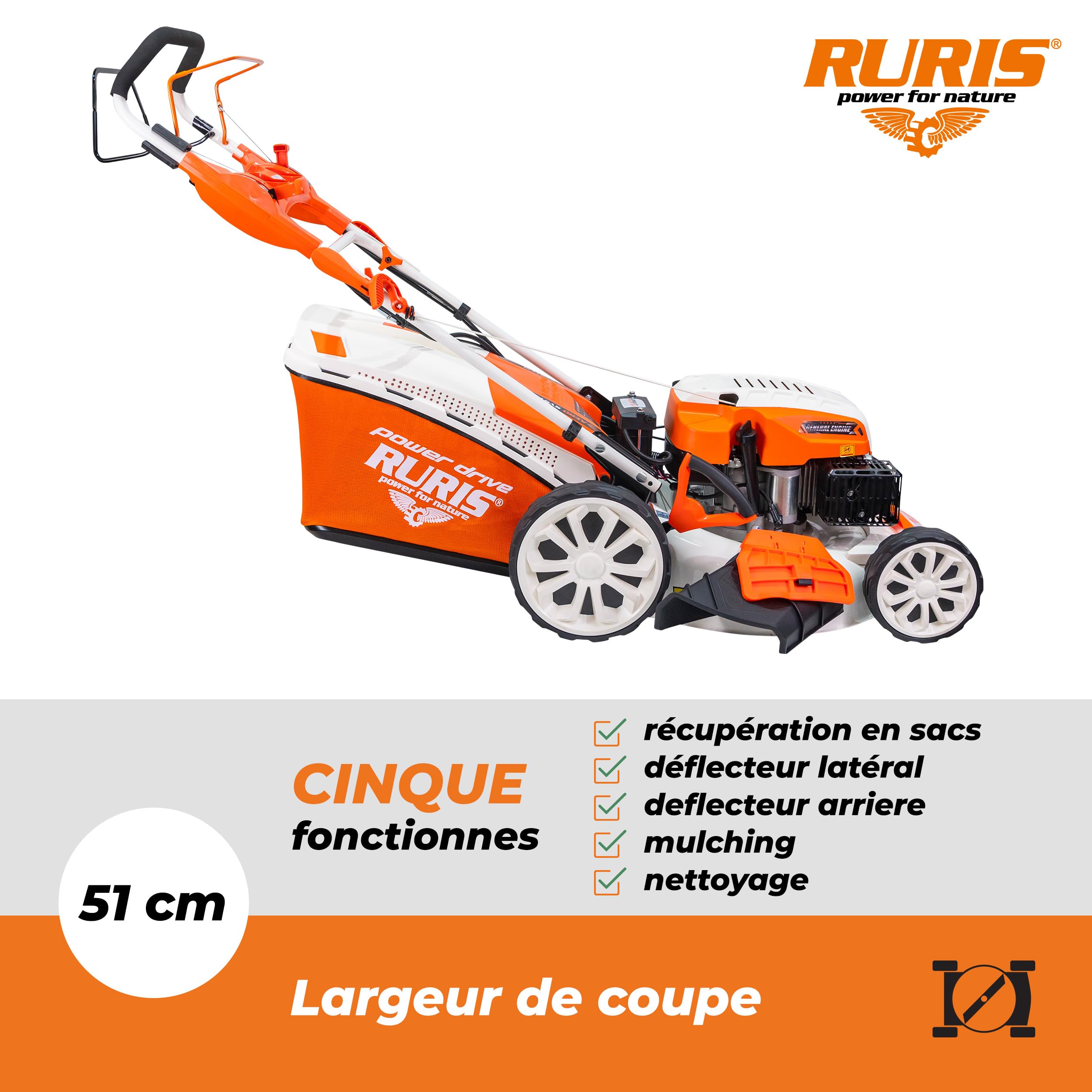 RURIS RX441S Tondeuse Thermique 5,7 CV 51 cm Demarrage Electric 5 Fonctions