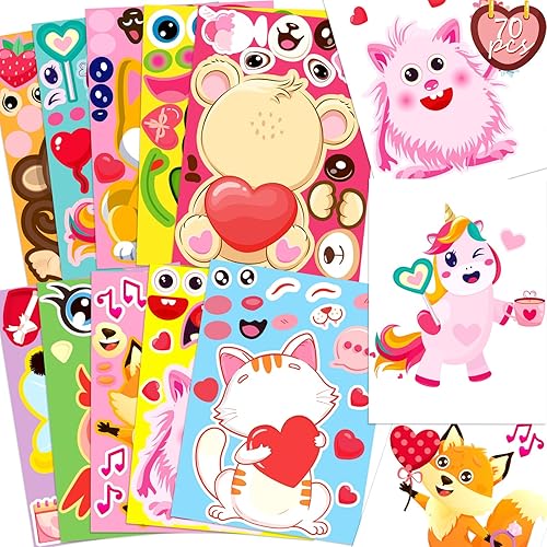 Miniatura 1 de 60 hojas de calcomanías de San Valentín para niños, Make-A-DogCatMonsterUnicornBearFrog Face Sticker- Regalos para el día de San Valentín, bolsas de
