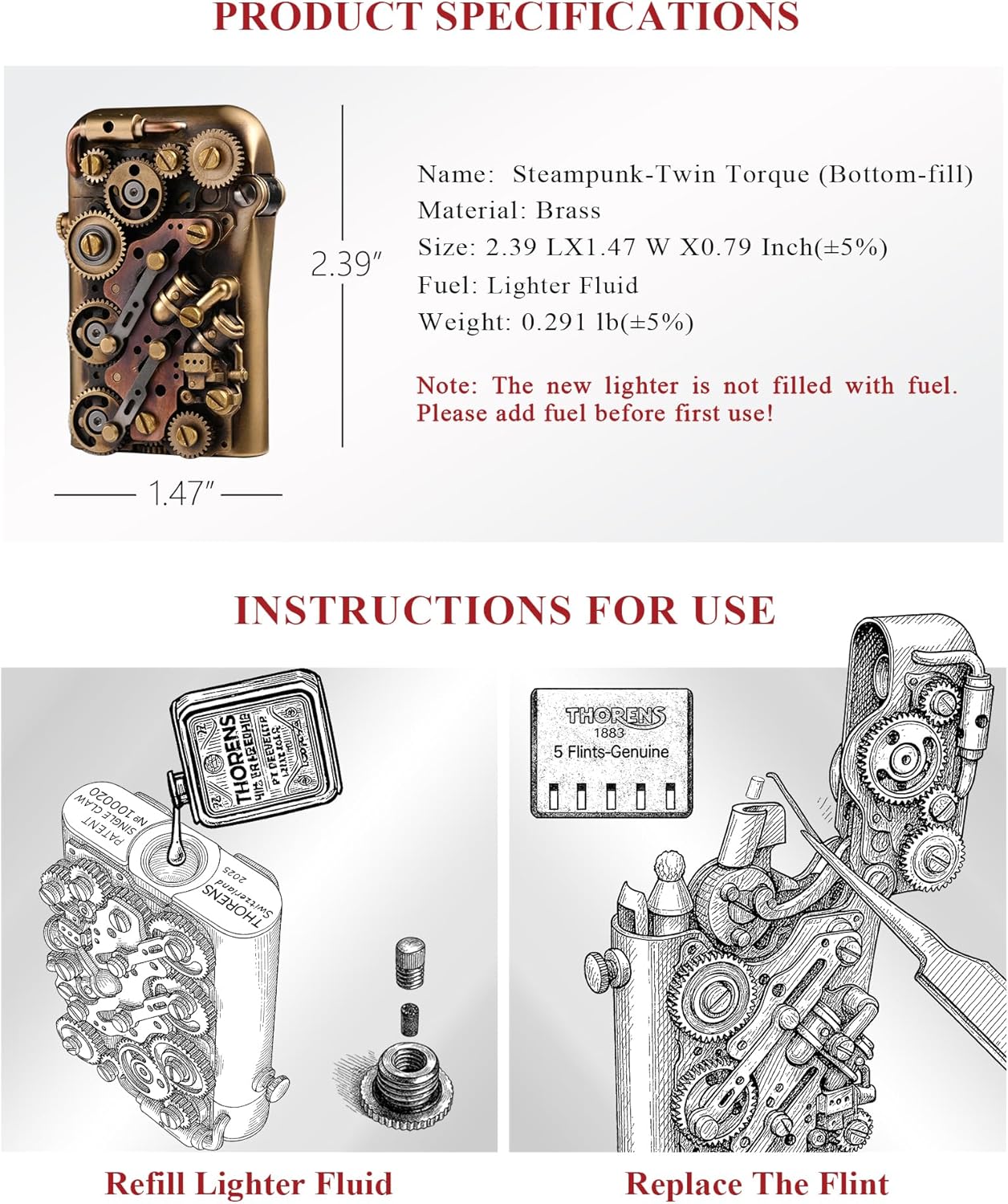 Classic Retro Automatic Ejection Steampunk Kerosene Lighter, Brass, Flint, Grinding Wheel, Gear, Linkage, Mechanical, Complex, Collectible, Men's Gift, Thorens Steampunk-Twin Torque (Bottom-Fill)