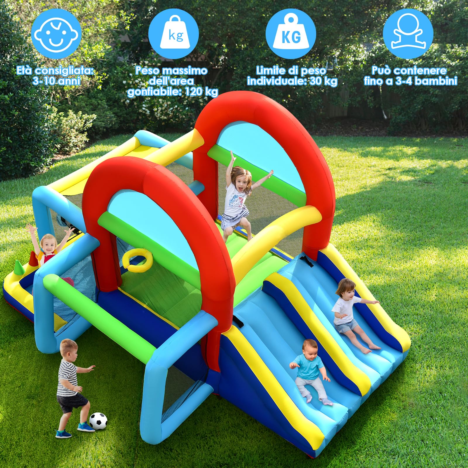 COSTWAY Castello Gonfiabile per bambini, Casa Gonfiabile con Doppio Scivolo, Area per Saltare, Piscina, con Borsa di Trasporto e Kit di Riparazione, per 4 Bambini di 3-10 Anni (Con soffiatore)