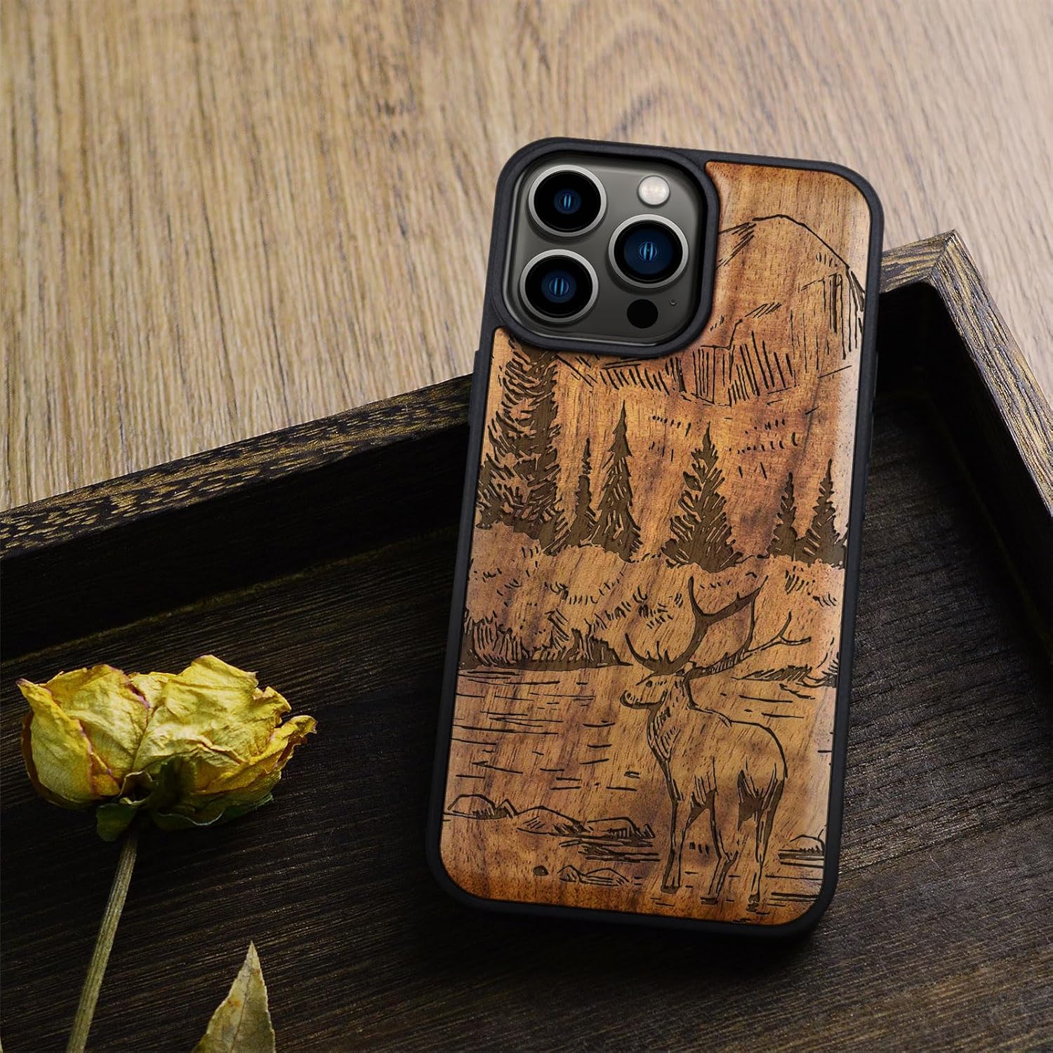 Carveit Magnetic Wooden Case for iPhone 15 Pro Max Case, Compatible with MagSafe Wireless Chargers, Black Soft TPU Shockproof Cover & Wood Artisan Engraved (Mountains and Deer) - Walnut
