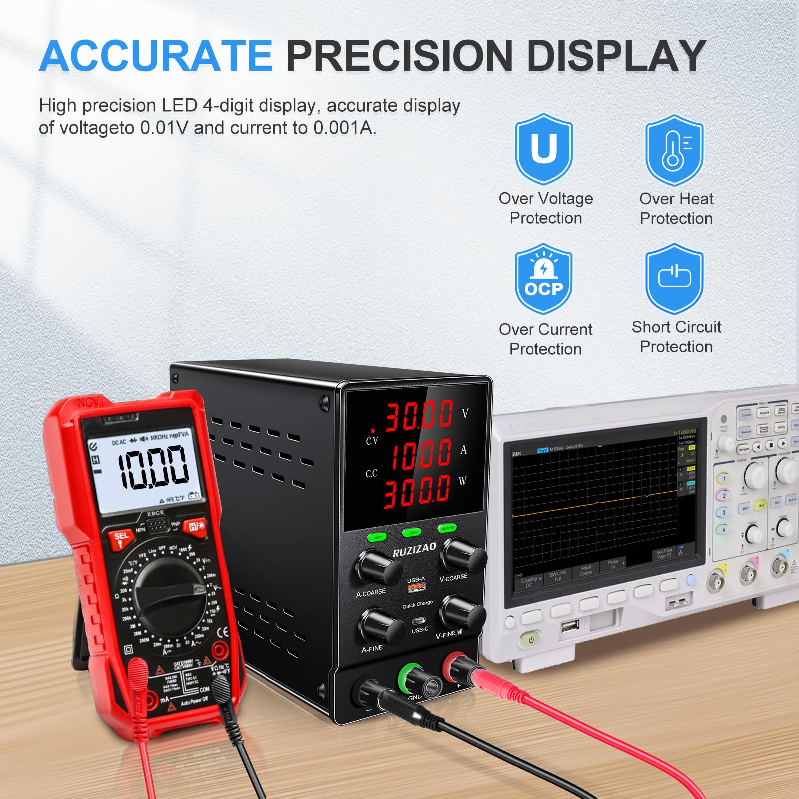 Fuente de Alimentación Regulable: 30V 10A 300W Fuente de Alimentacion DC de Laboratorio Regulada por Conmutación Ajustable con Función OCP & OVP, Botón de Salida, Botón Codificador