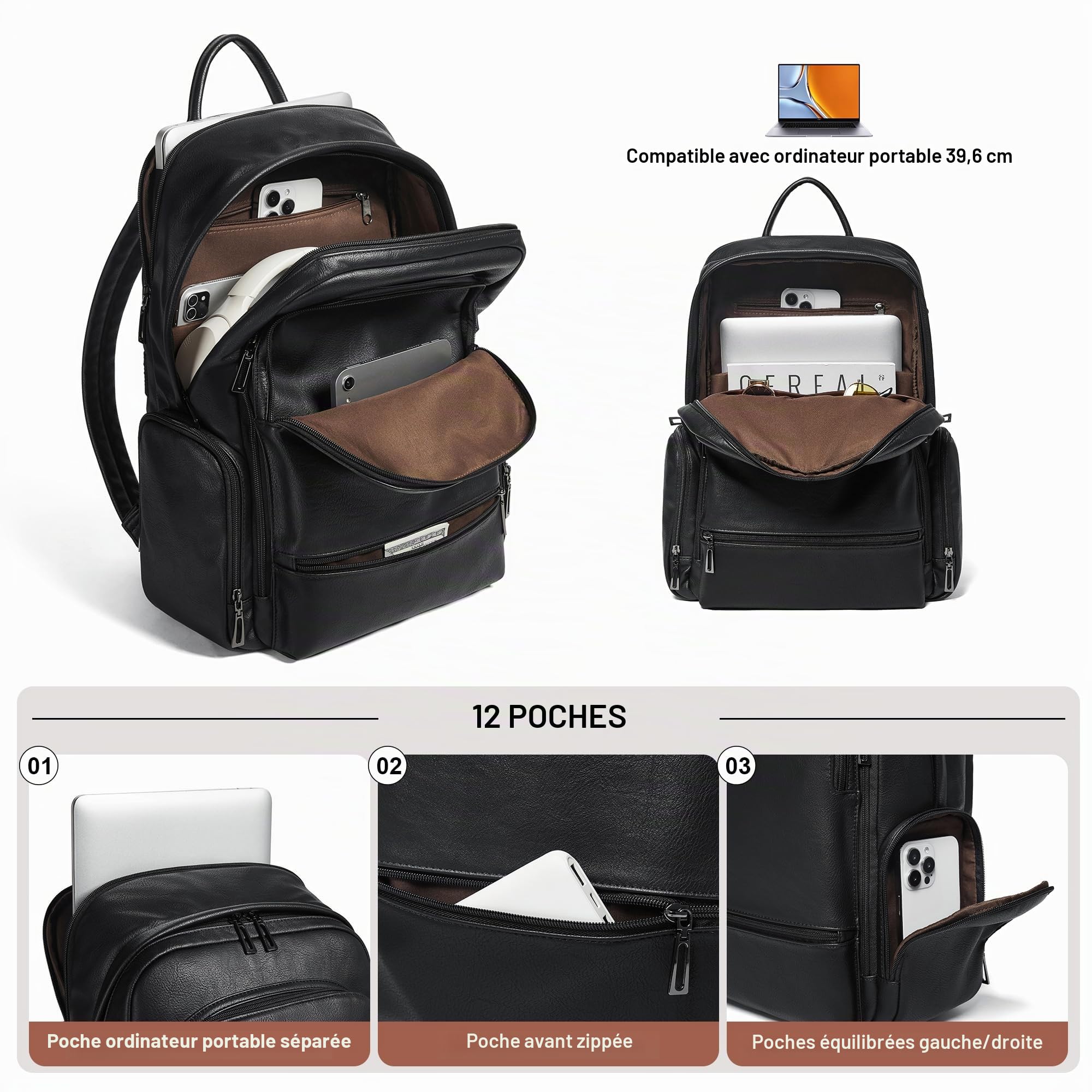 Sac à dos en cuir pour femme, sac à dos pour ordinateur portable de 15,6", sac à dos élégant, sac à dos pour le travail, les voyages, l'université