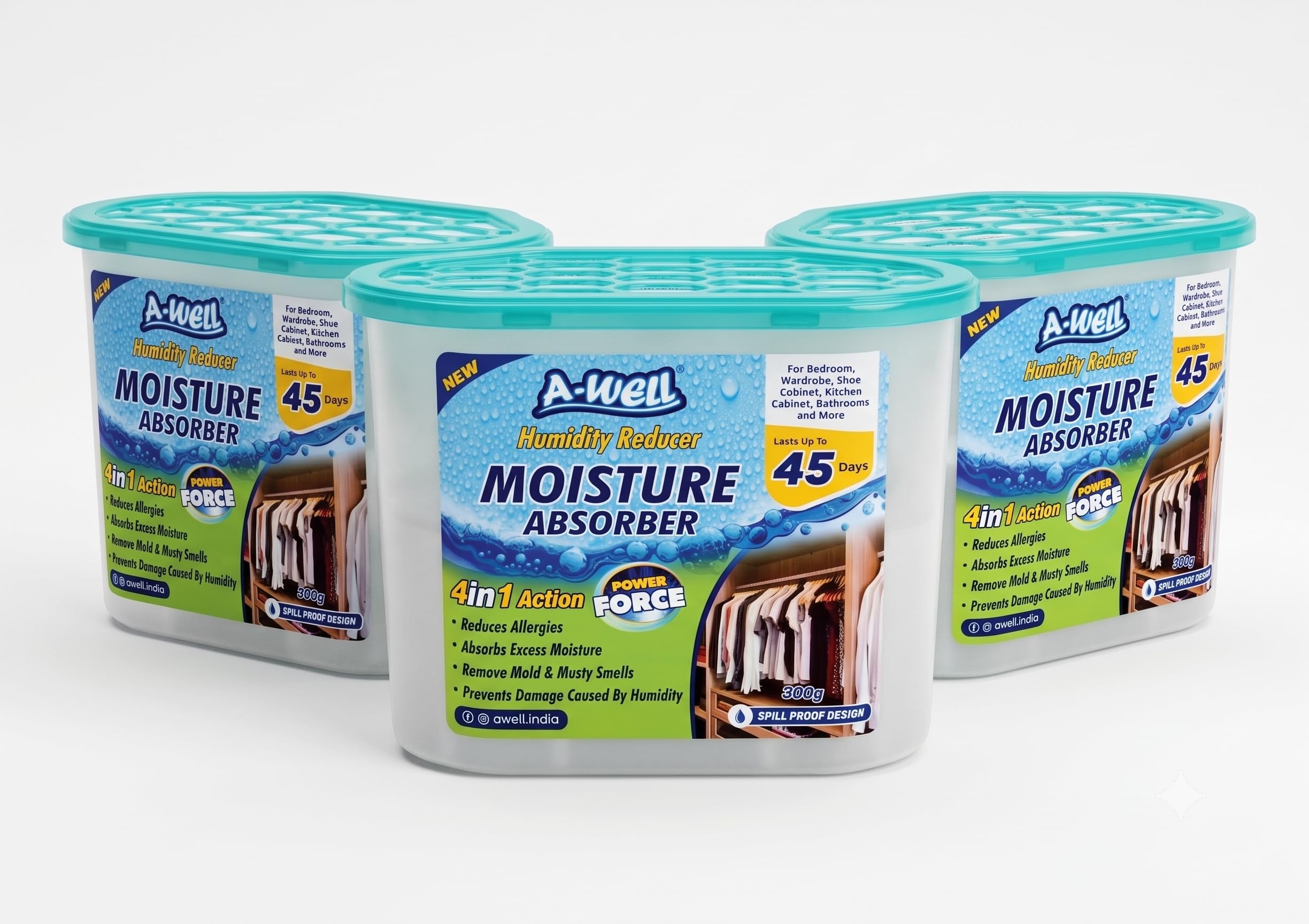 Moisture Absorber 300g Pack of 3 | Calcium Chloride Dehumidifier for Wardrobe, Closet, Bathroom, Kitchen, Shoe Rack & Storage Areas – AWELL-image-20