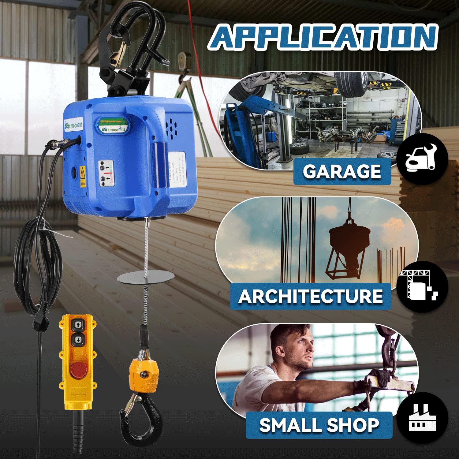 Mxmoonant 1600 W Paranco Elettrico 500 KG con 100 M Telecomandi Senza Fili × 2 per Lavoro di Squadra, Più 5 M Filo Remote, Aggiornato Motor& Ganci per Garage Magazzini Costruzione Domestica 220 V