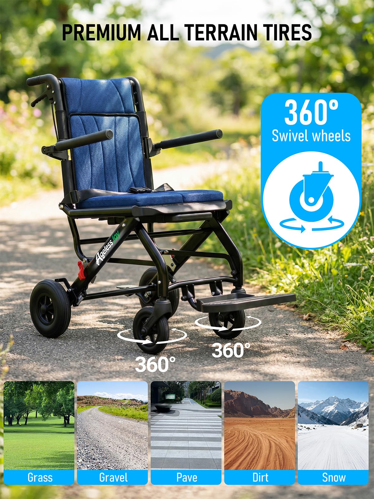 Fauteuil roulant pliable léger pour Adultes, Chaise de Transport en Aluminium Ultra-Légère et Pliable avec Poignée Télescopique, Compact et Portable pour Seniors (Bleu)