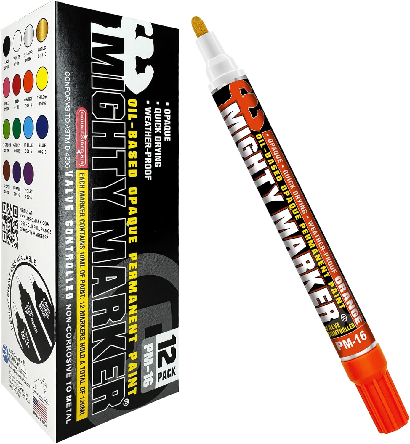 PM-16 Paint Marker, Oil Based, Permanent, Quick Drying, 2.3mm Bullet Tip, Industrial Paint Pen for Contractors and Welders, Orange 12 Box