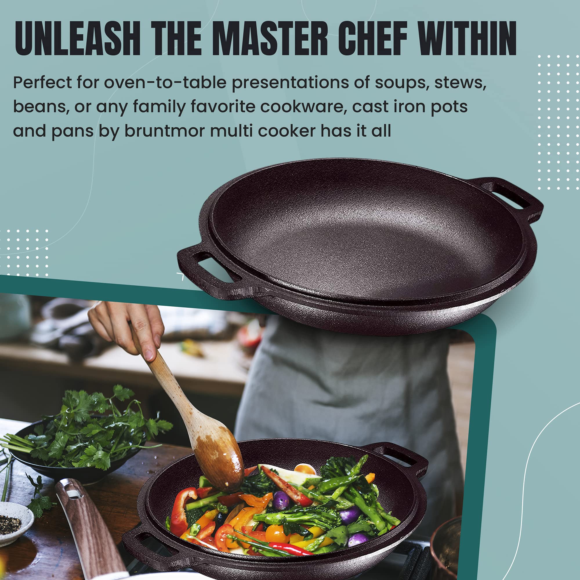 Bruntmor PreSeasoned 2 In 1 Cast Iron Pan 5 Quart Double Dutch Oven