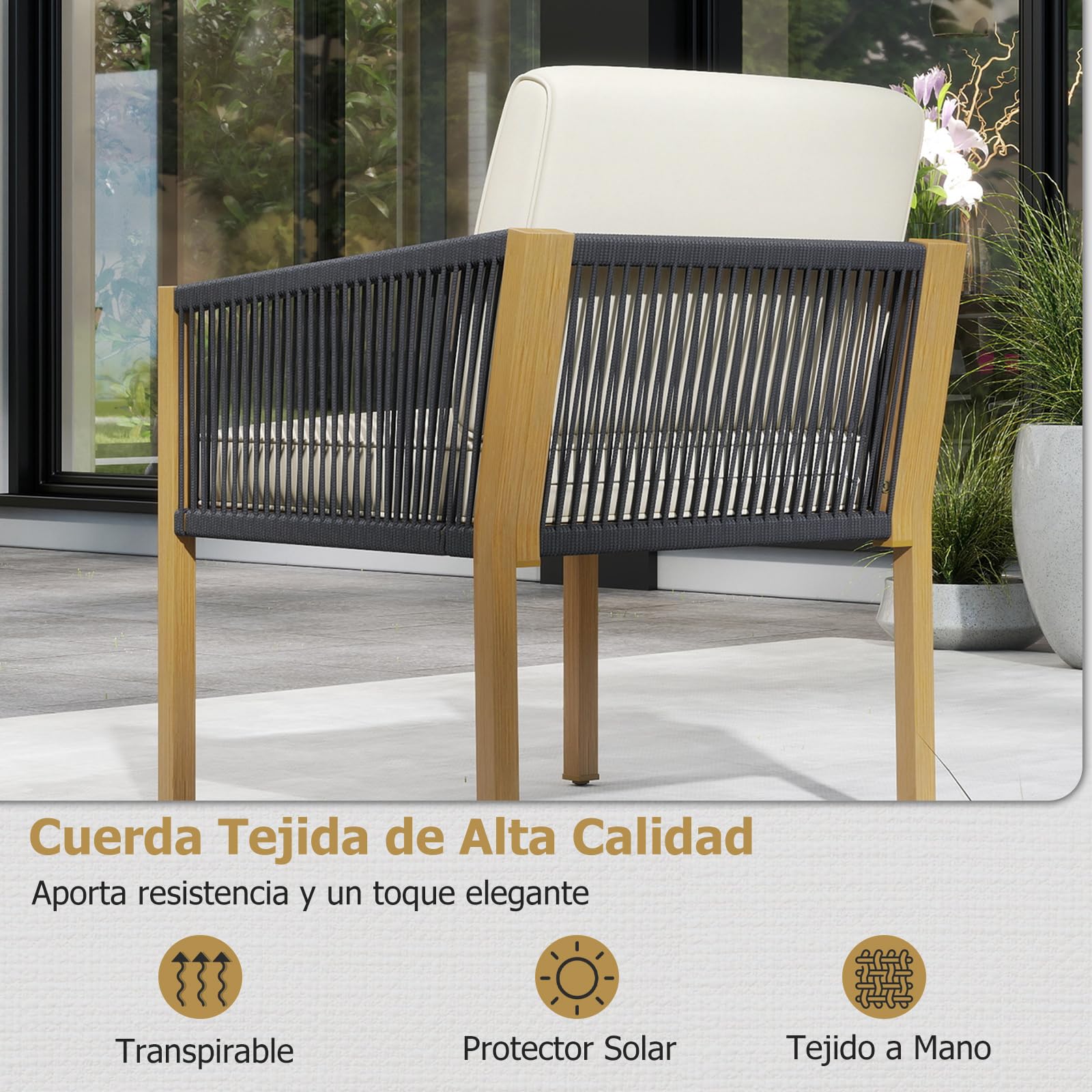 COSTWAY Conjunto Jardin Exterior, Juego de Bistró de Patio de 3 Piezas, Conjunto de Muebles de Conversación de Cuerda Tejida con Cojines, Juego de Mesa Auxiliar y Sillas de Exterior para Porche Balcón