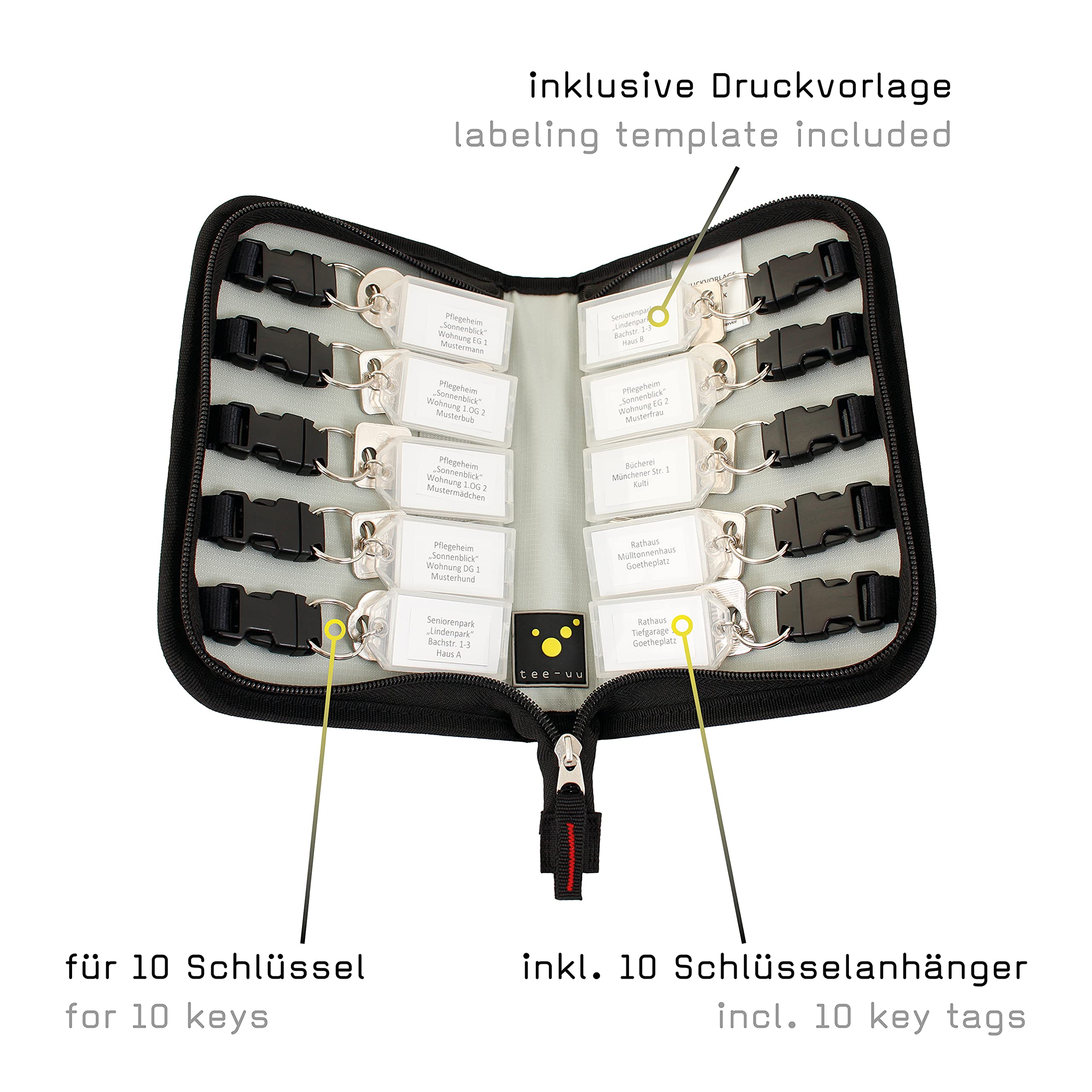 tee-uu KEYFRIEND Schlüsselmappe schwarz | klein | kompakt | für bis zu 10 Schlüssel | passt ins Handschuhfach | Beschriftungsvorlagen für Kennzeichnungsfeld