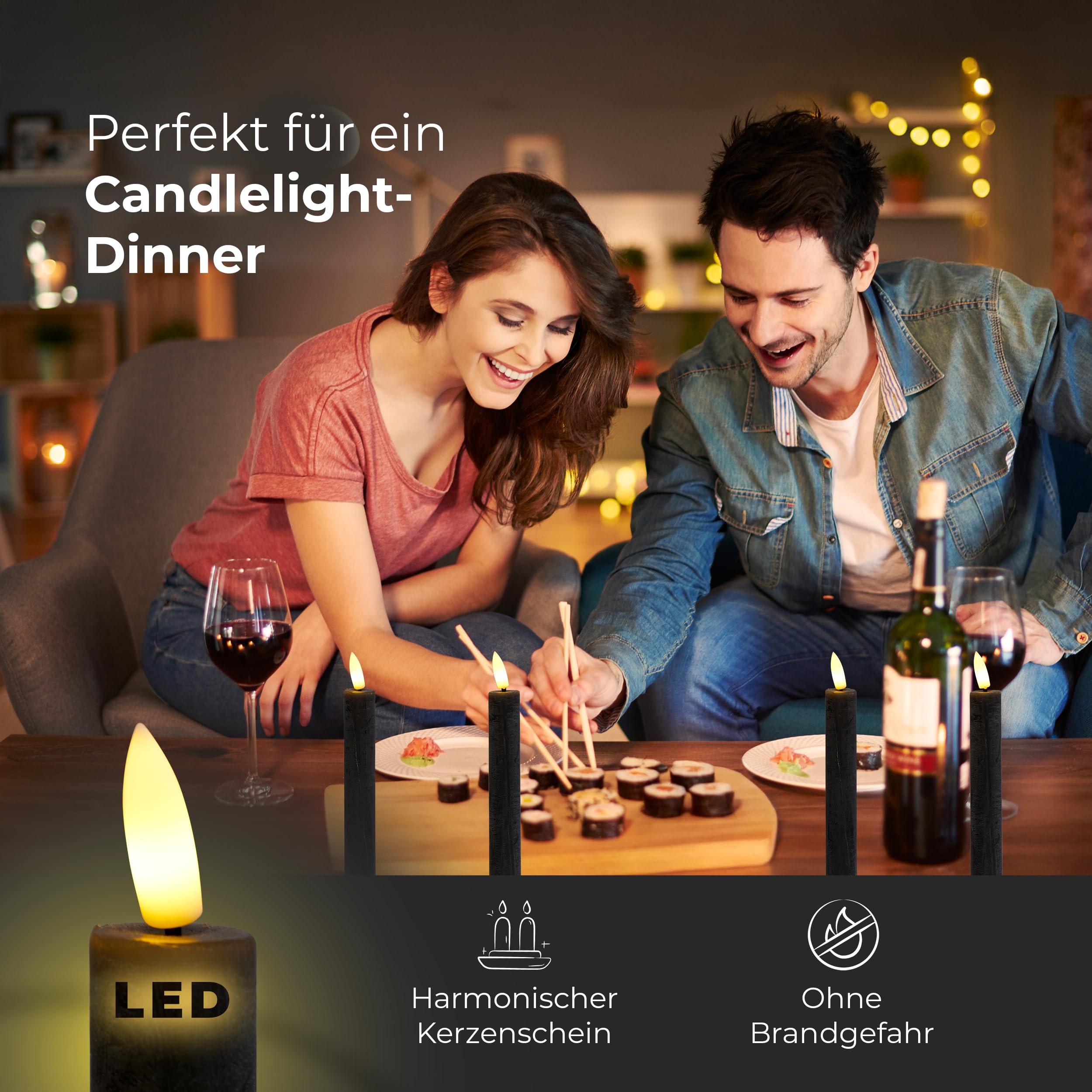 LED Stabkerzen 24 Stück ECHTWACHS SCHWARZ mit Timer Funktion 6 Stunden 24cm Höhe für Kerzen 2,2cm Durchmesser 2 AAA Batterien notwendig LED Stabkerzen 4er Set SCHWARZ (sechs Mal) bewegliche Flamme