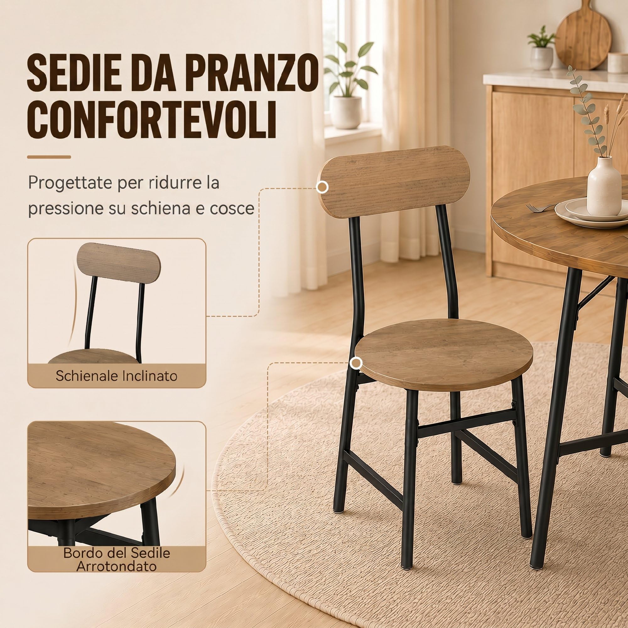 HOMCOM Set Tavolo e Sedie Sala da Pranzo 5 Pezzi, Set da Pranzo per 4 Persone Industriale con Tavolo Cucina Rotondo Effetto Legno e 4 Sedie Salvaspazio, Gambe Metallo, per Soggiorno Cucina Color Legno